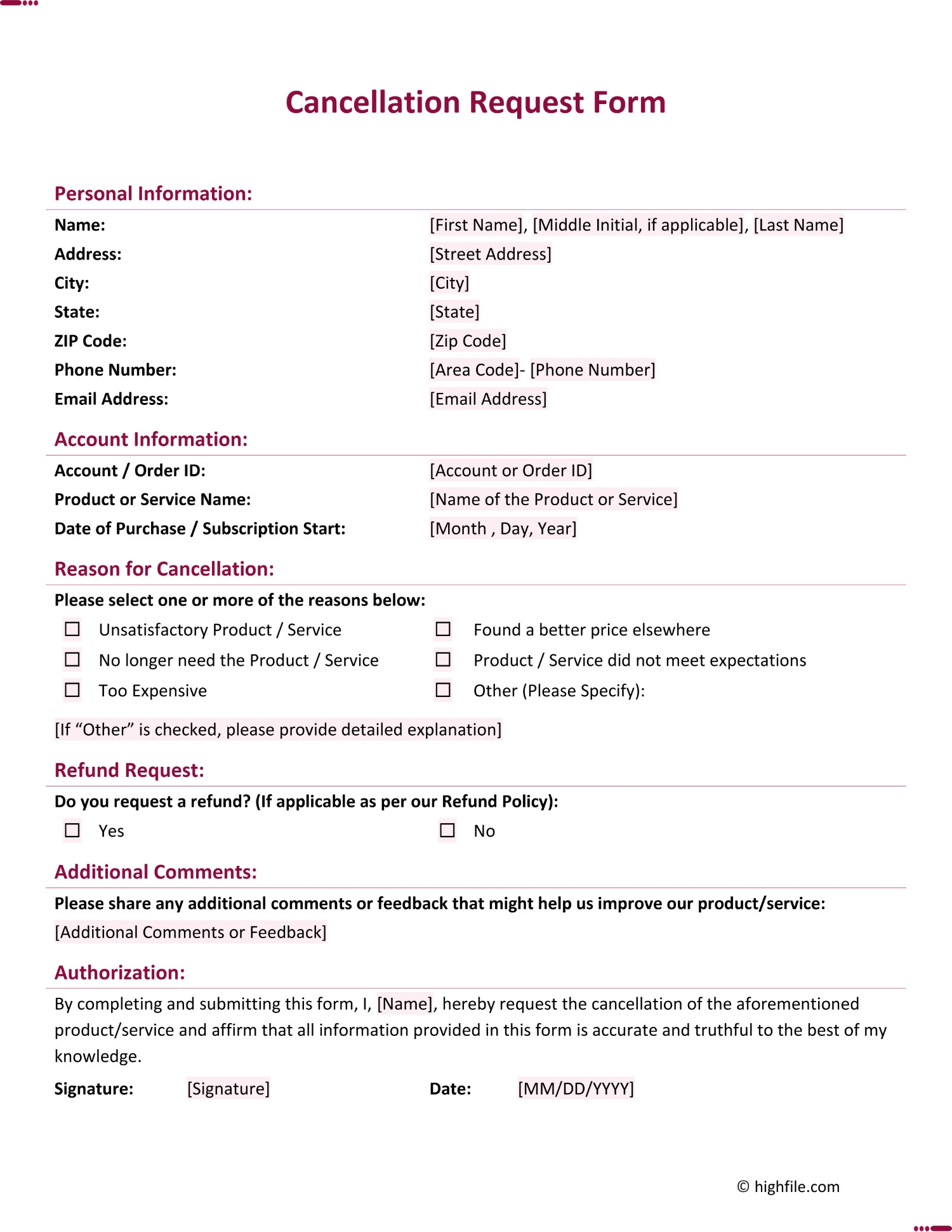 Cancellation Request Form Word PDF Google Docs Highfile