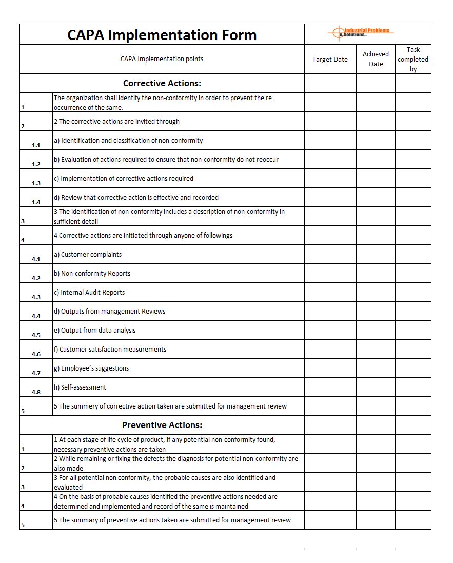CAPA Implementation Form Format
