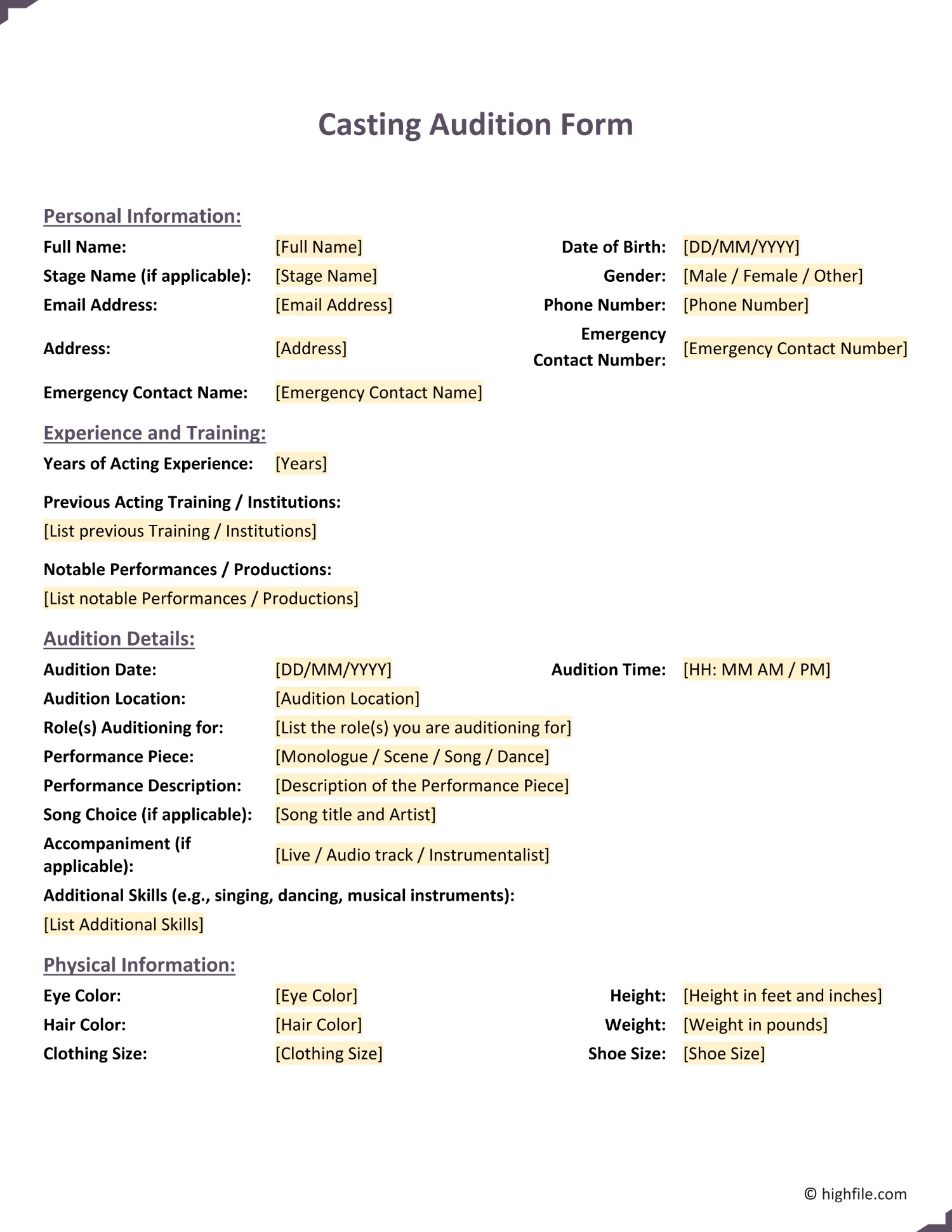 Casting Audition Form Word Google Docs Highfile