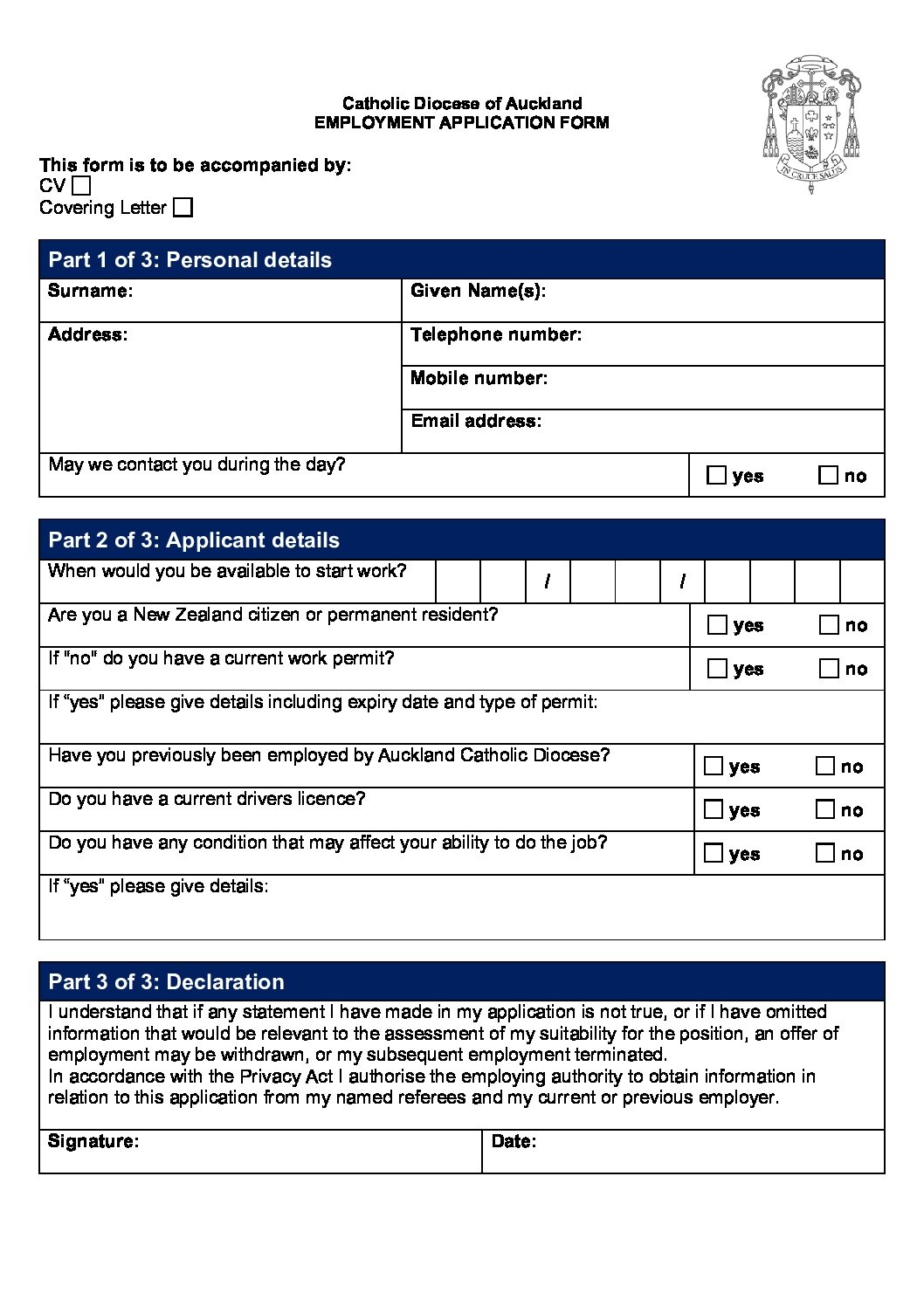 CDA Application Form Template Catholic Diocese Of Auckland