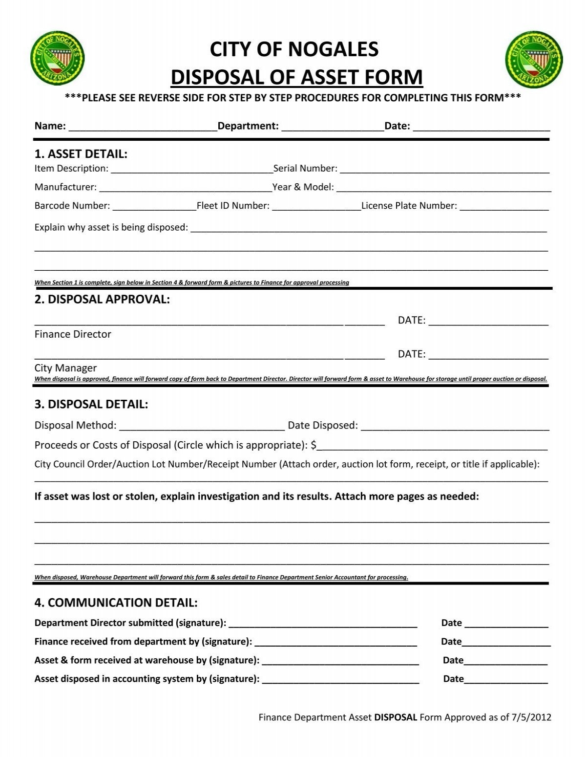 CITY OF NOGALES DISPOSAL OF ASSET FORM Team Logic
