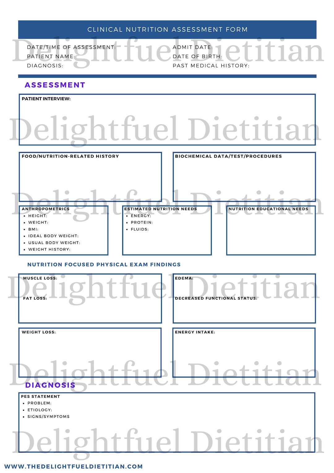 Clinical Nutrition Assessment Form U0026 Assessment Questionnaire Etsy