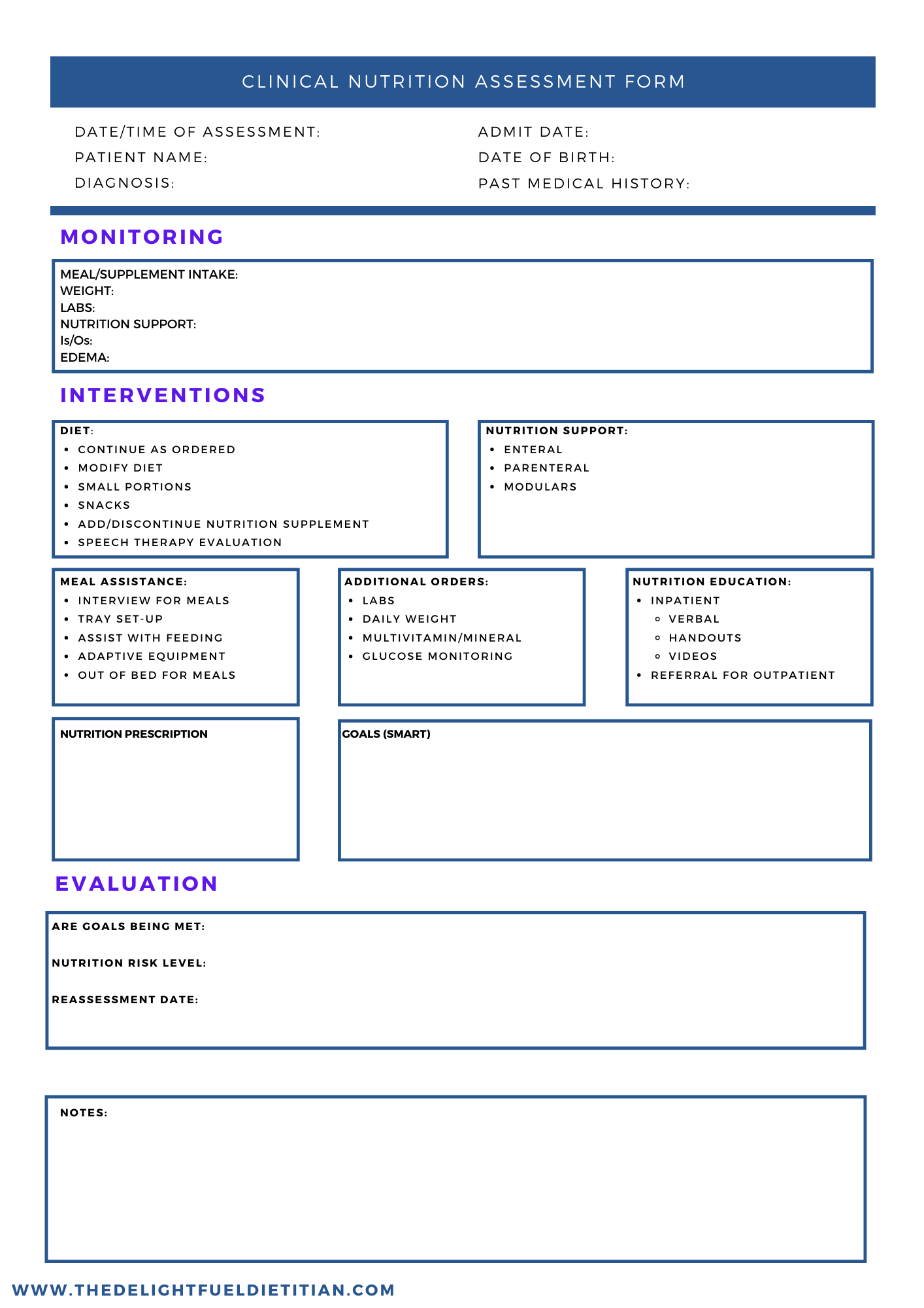 Clinical Nutrition Assessment Form