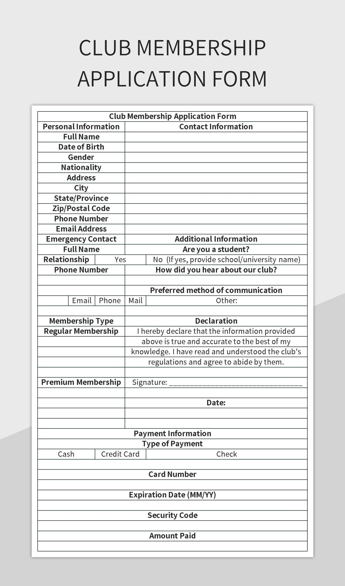 Club Membership Form Template