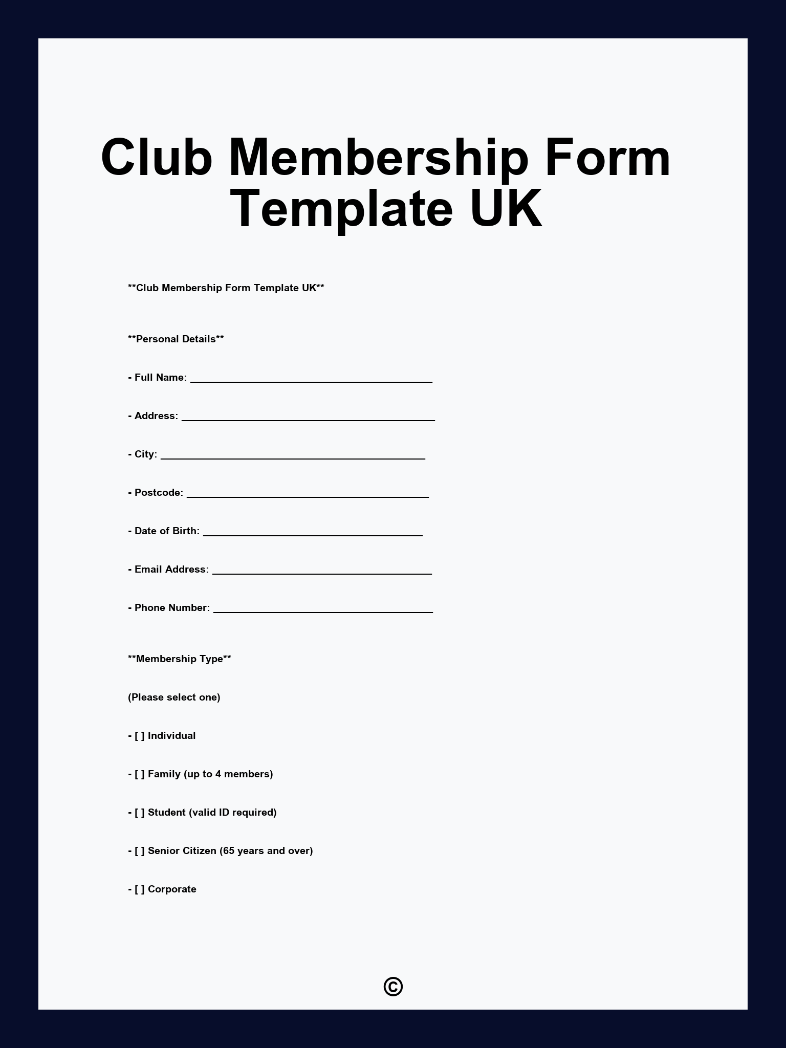 Club Membership Form Template UK