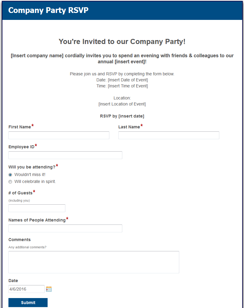 Company Party RSVP Form