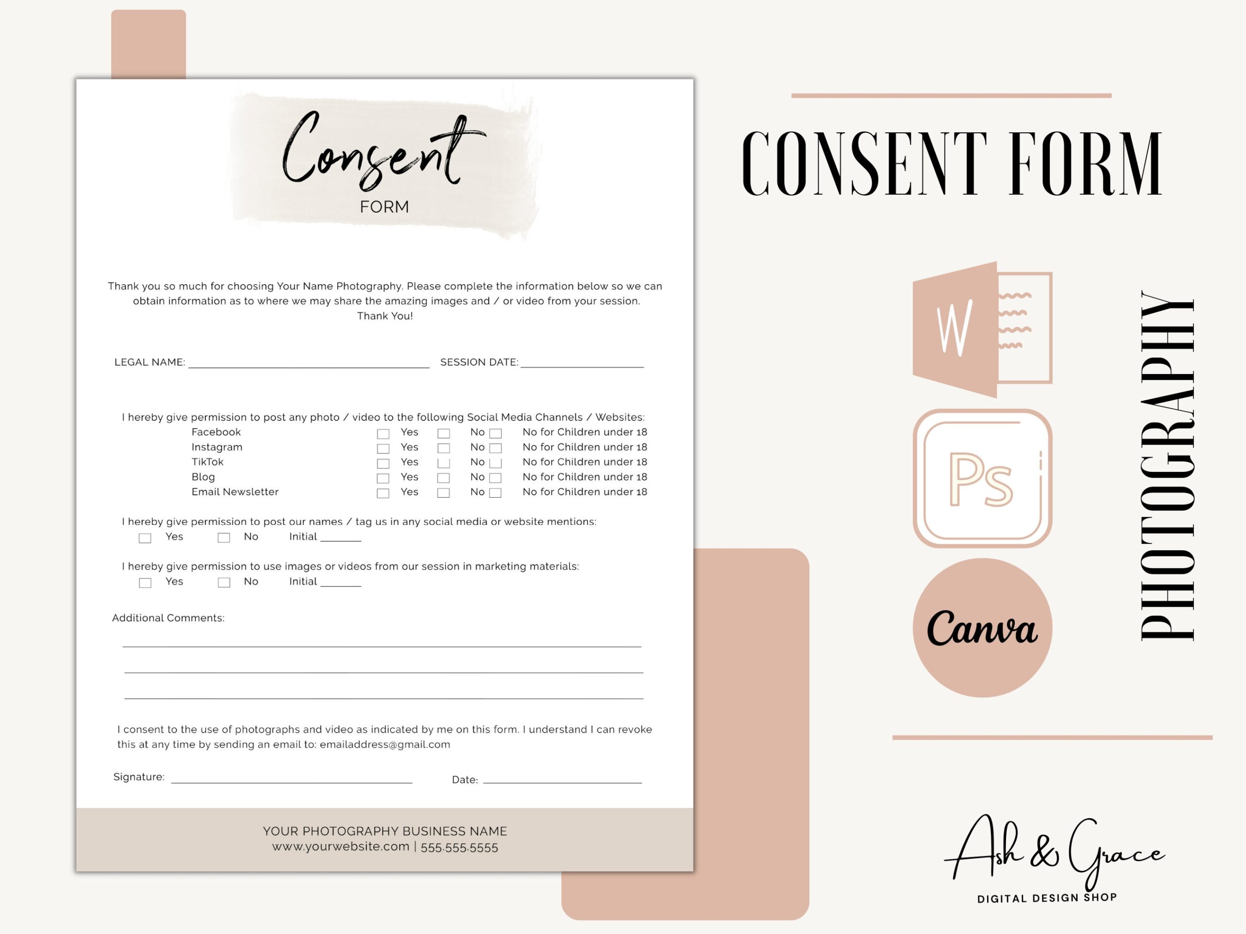 Consent Form Template For Photographers Consent For Social Media Use Web Publishing Consent Form Videographer Consent Form Etsy