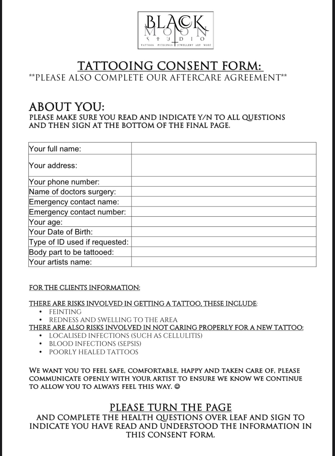 CONSENT FORMS BLACK MOON TATTOOS