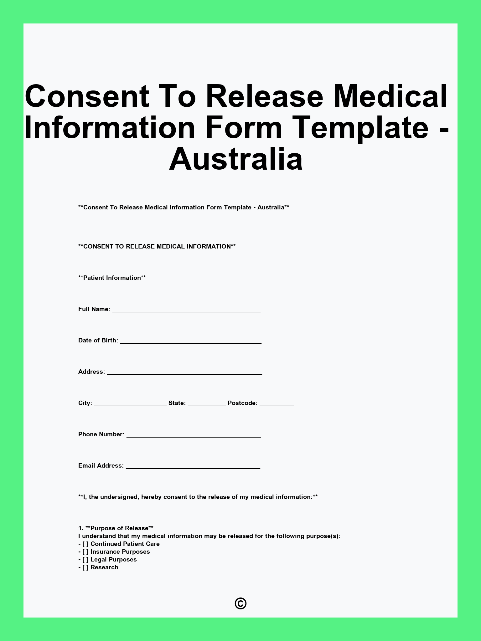 Consent To Release Medical Information Form Template Australia