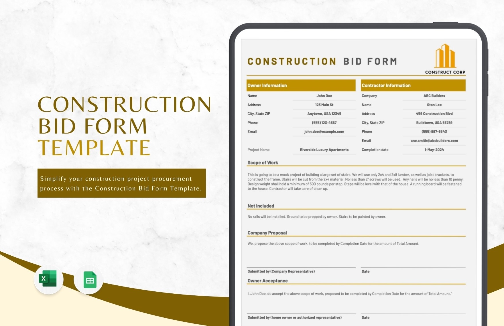 Construction Bid Form Template In Excel Google Sheets Download Template 