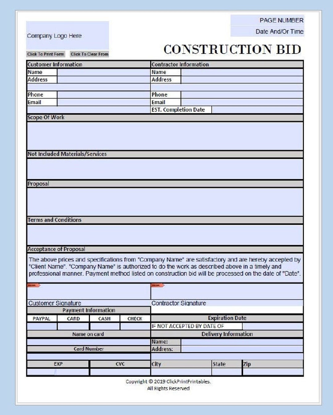 Construction Bid Project Form Template Simple Minimal Editable Downloadable Printable Small Business Fill In PDF black And White Etsy