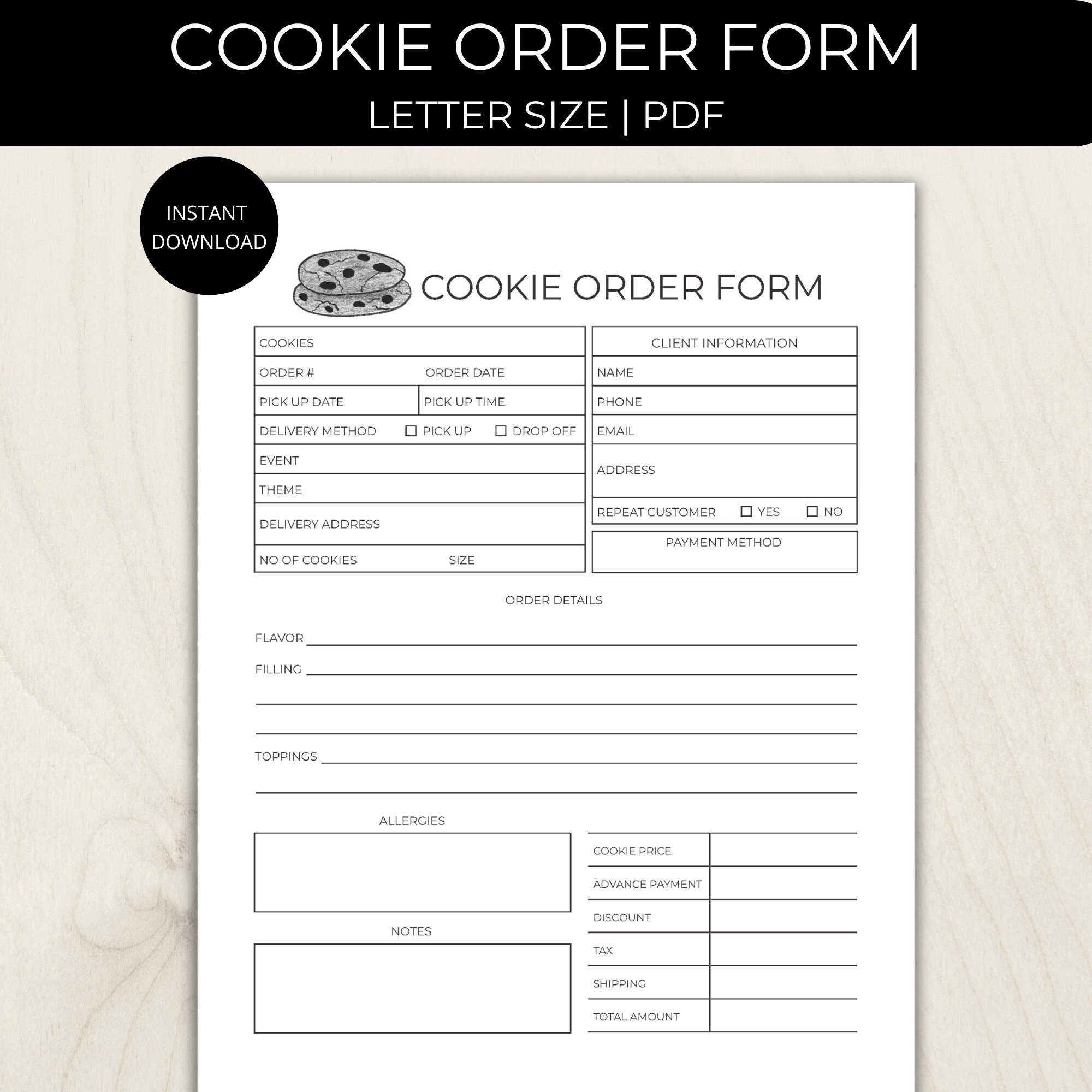 Cookie Order Form Fillable Bakery Planner Printable Cookie Order 