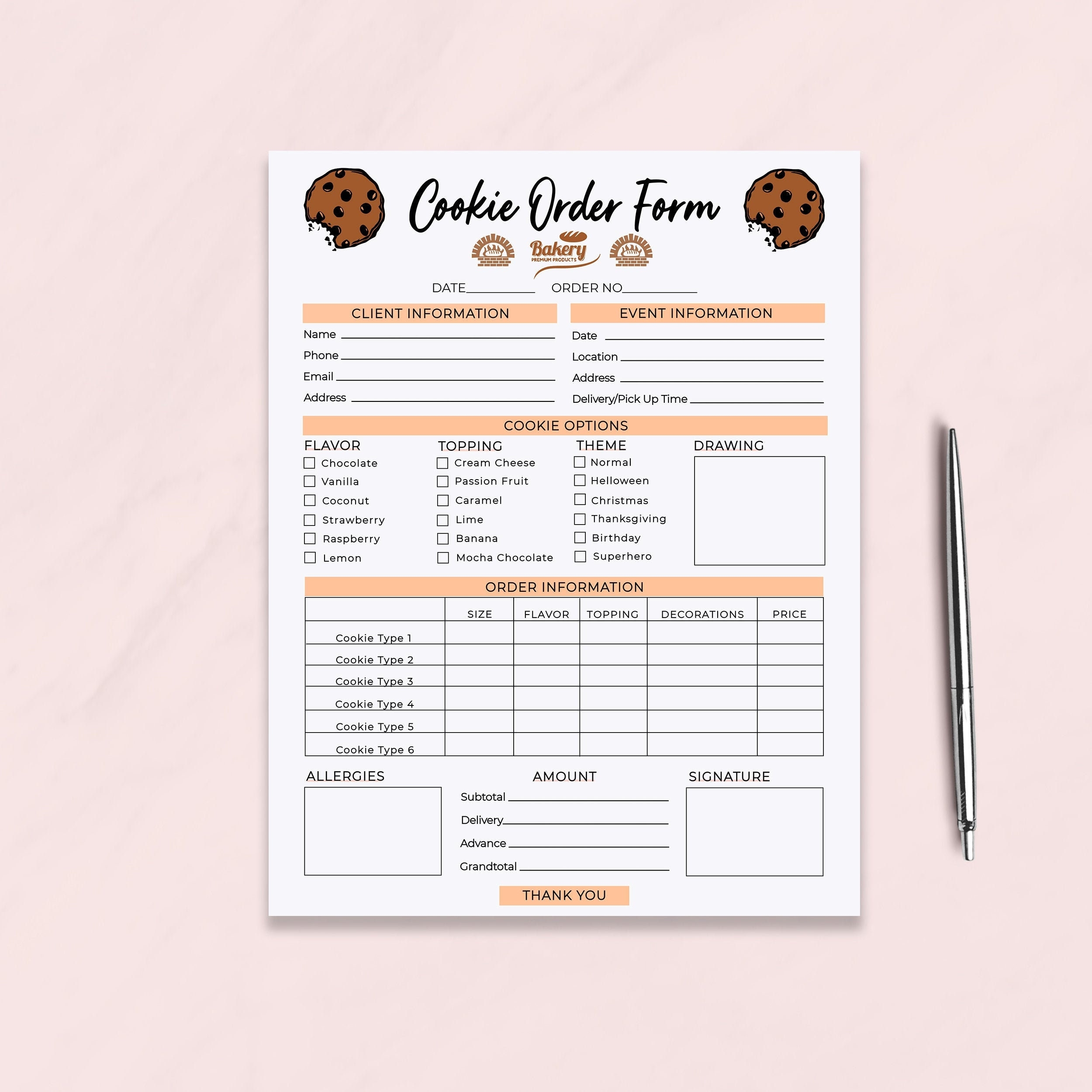 Cookie Order Form Template Bakery Order Form Receipt Small Business Invoice Form Editable Cake Order Forms Instant Download DTP 004 Etsy