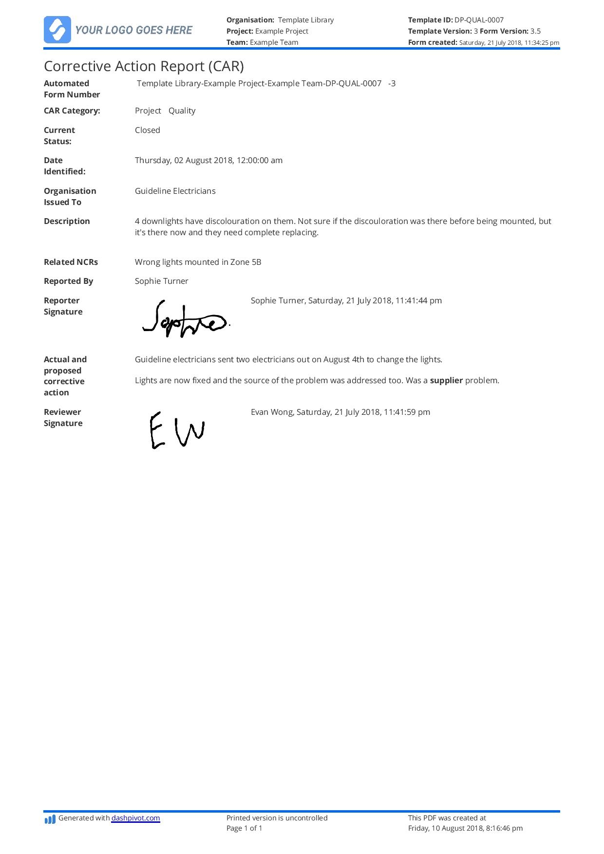 Corrective Action Form Template