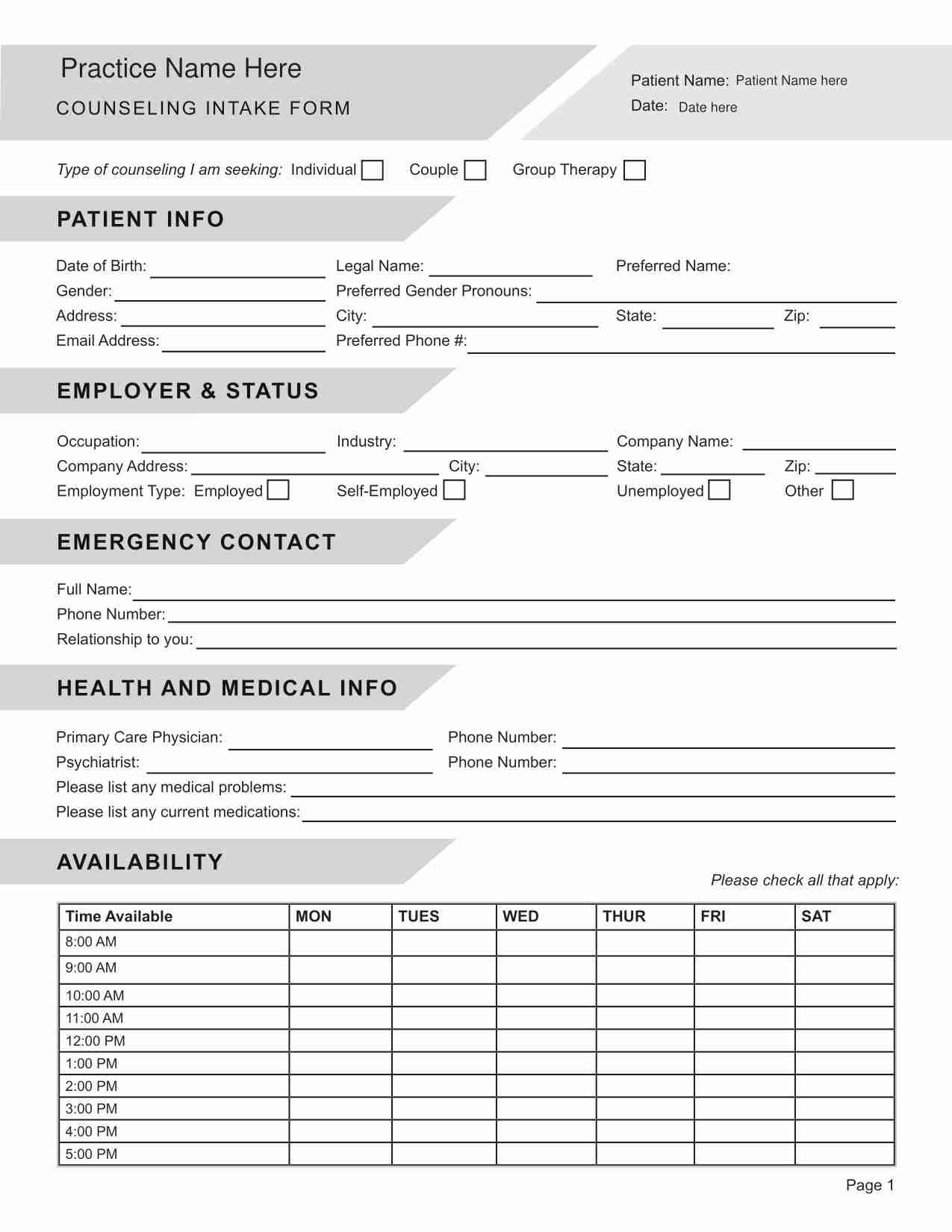 Counseling Intake Form PDF Editable Fillable Printable Template