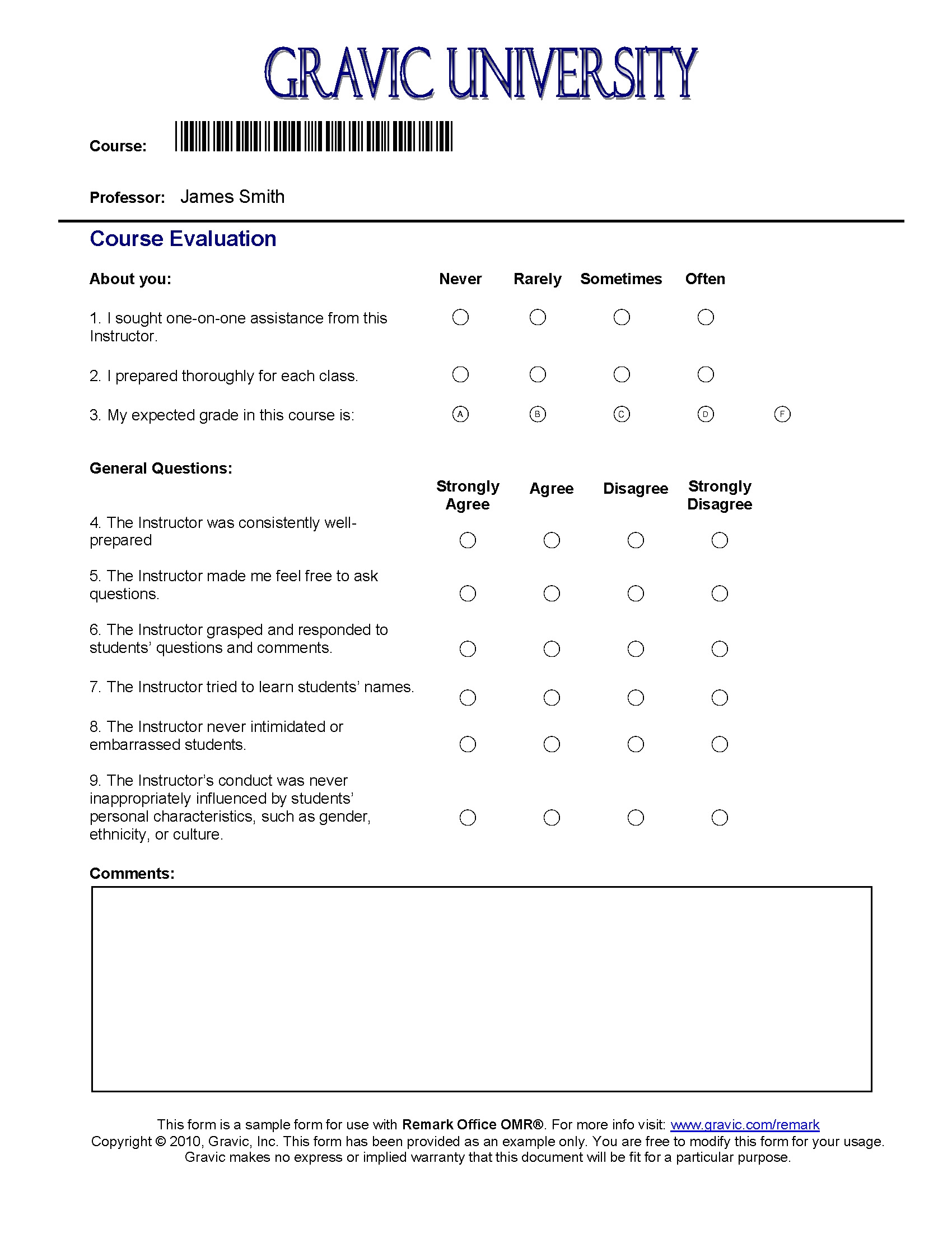 Course Evaluation With Barcode Remark Software