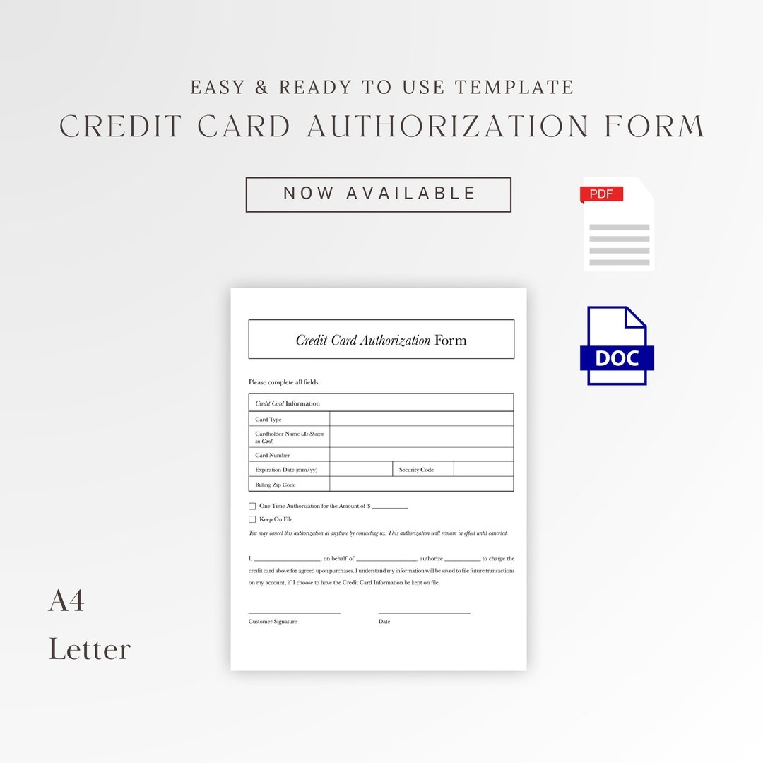 Credit Card Authorization Form A4 Letter Size Printable PDF Word Document Minimal Design Digital Template Etsy