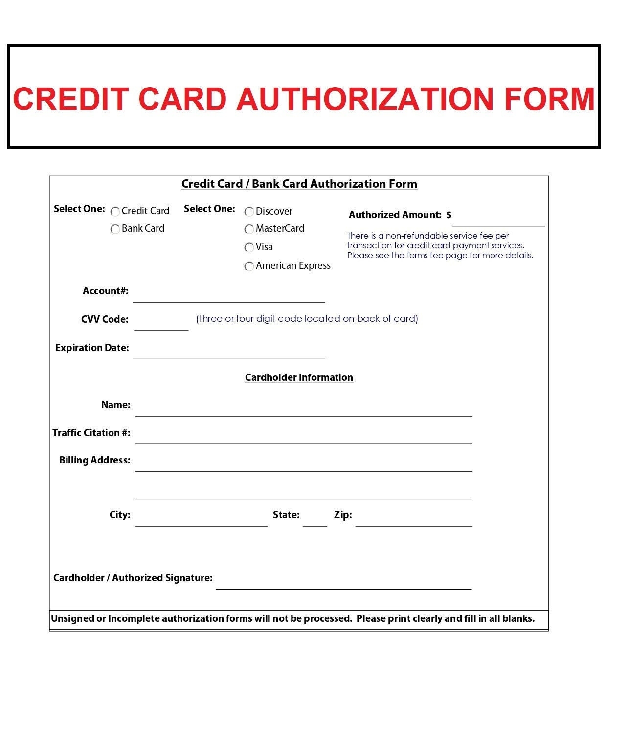 Credit Card Authorization Form Fillable PDF Format Etsy