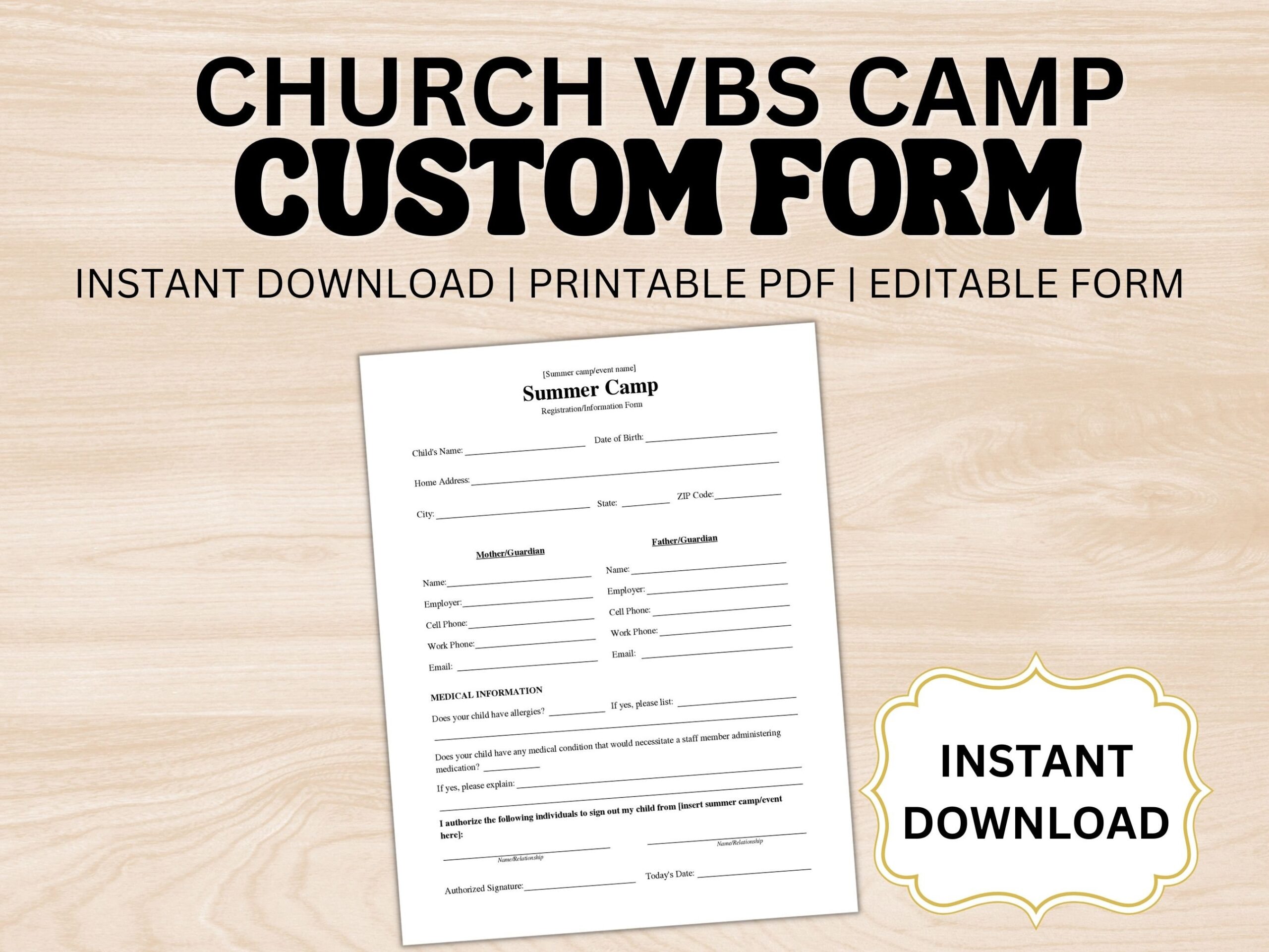 Custom Church Camp VBS Event Registration Editable Instant Digital Download Form Medical Member Child Form Work School Church Emergency Etsy