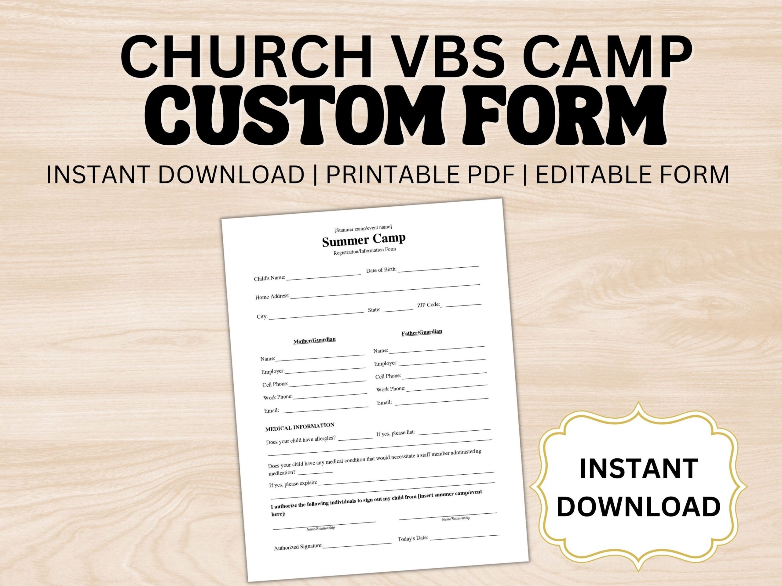 Custom Church Camp VBS Event Registration Editable Instant Digital Download Form Medical Member Child Form Work School Church Emergency Etsy