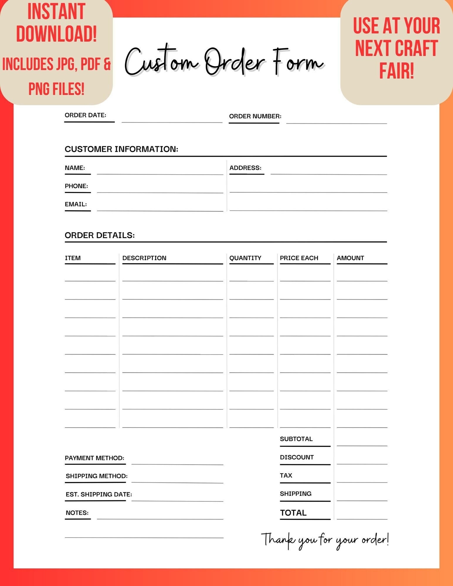 Custom Order Form Sheet For Filling Out Custom Orders For Artists Crafters Makers Small Business Owners
