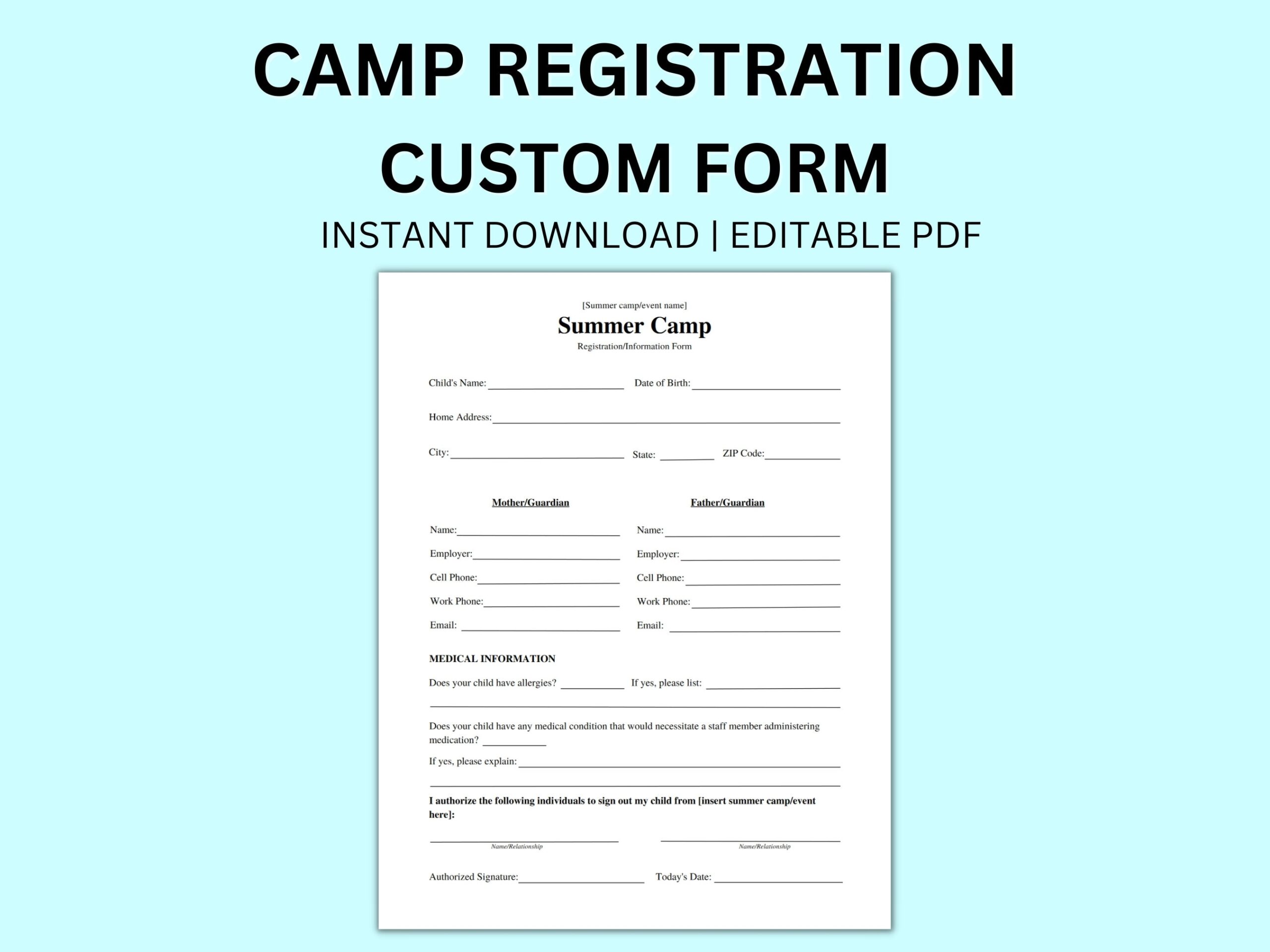 Custom Summer Camp VBS Event Registration Editable Instant Digital Download Form Medical Registration Child Form For Work School Church Etsy