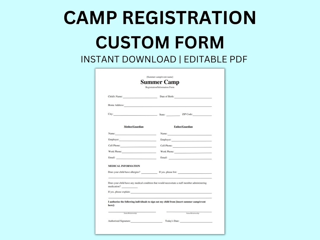 Custom Summer Camp VBS Event Registration Editable Instant Digital Download Form Medical Registration Child Form For Work School Church Etsy
