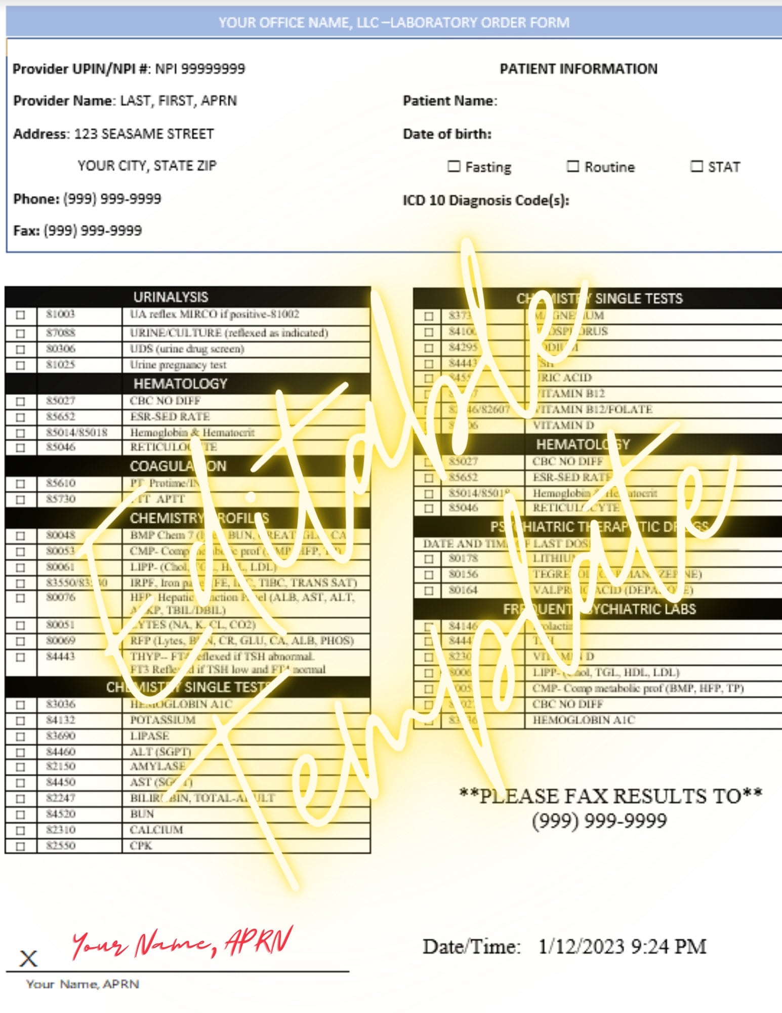 CUSTOMIZABLE LAB ORDER