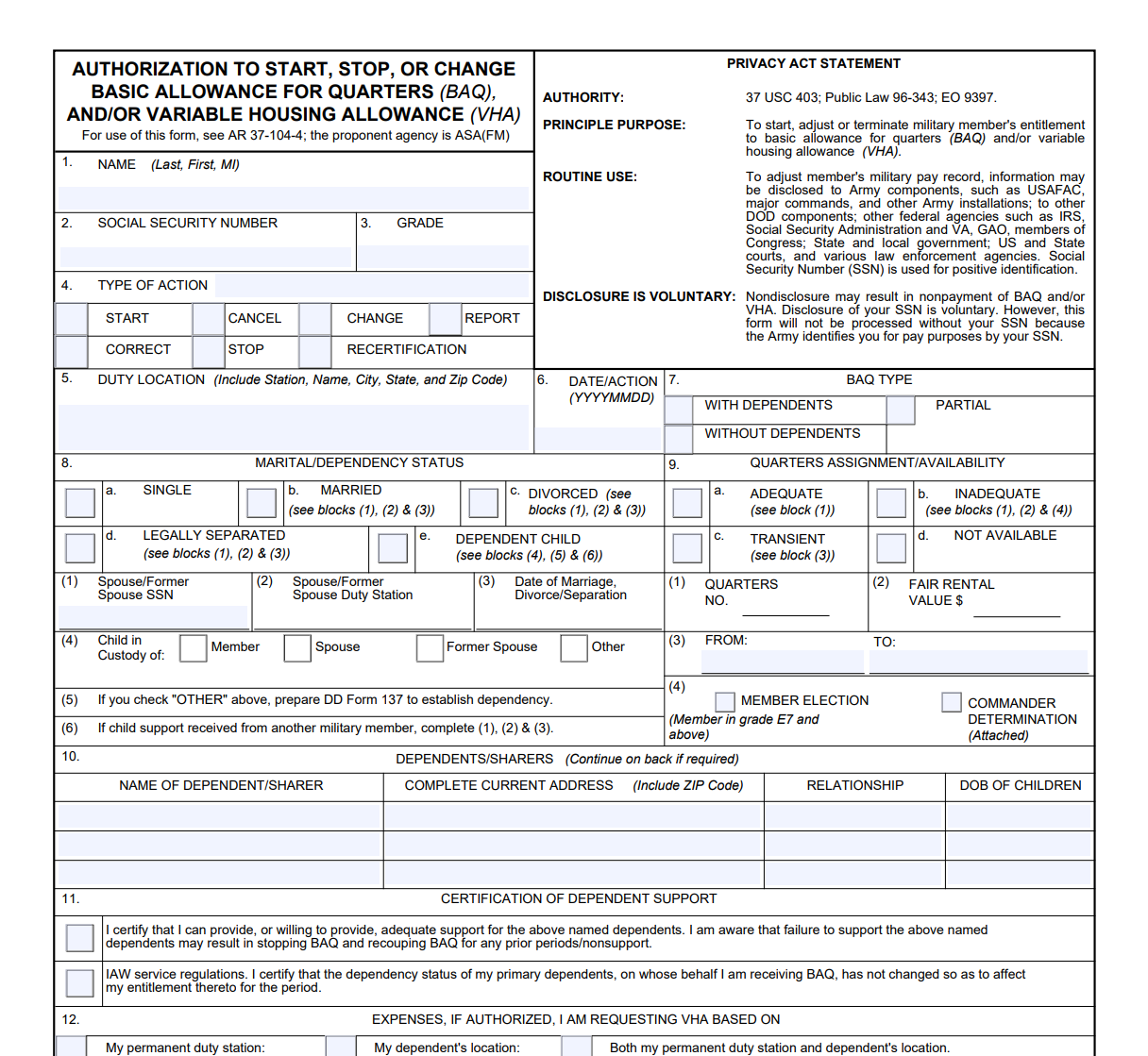 DA Form 5960 Authorization To Start Stop Or Change Basic 