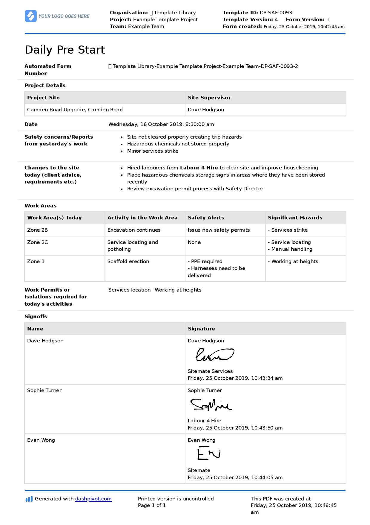 Daily Pre Start Template Free And Customisable Template 