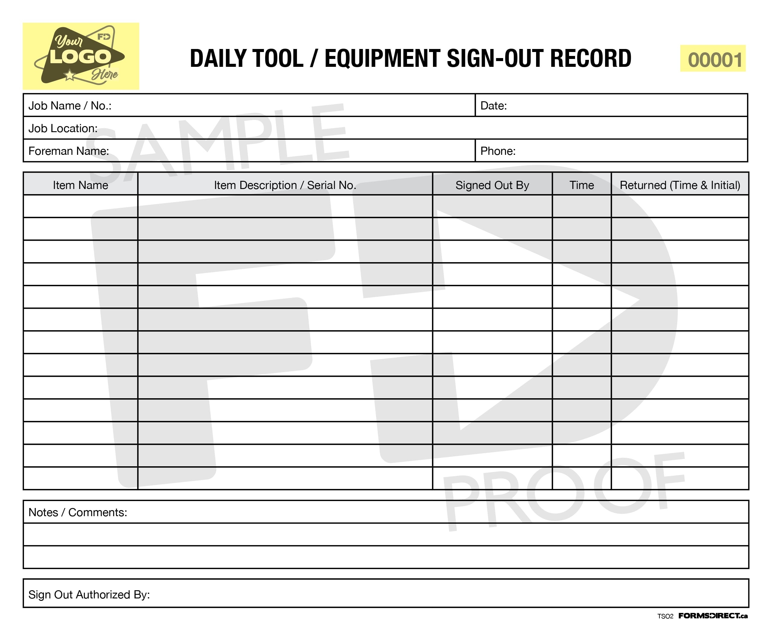 Daily Tool Equipment Sign Out Record TSO2 Template Forms Direct