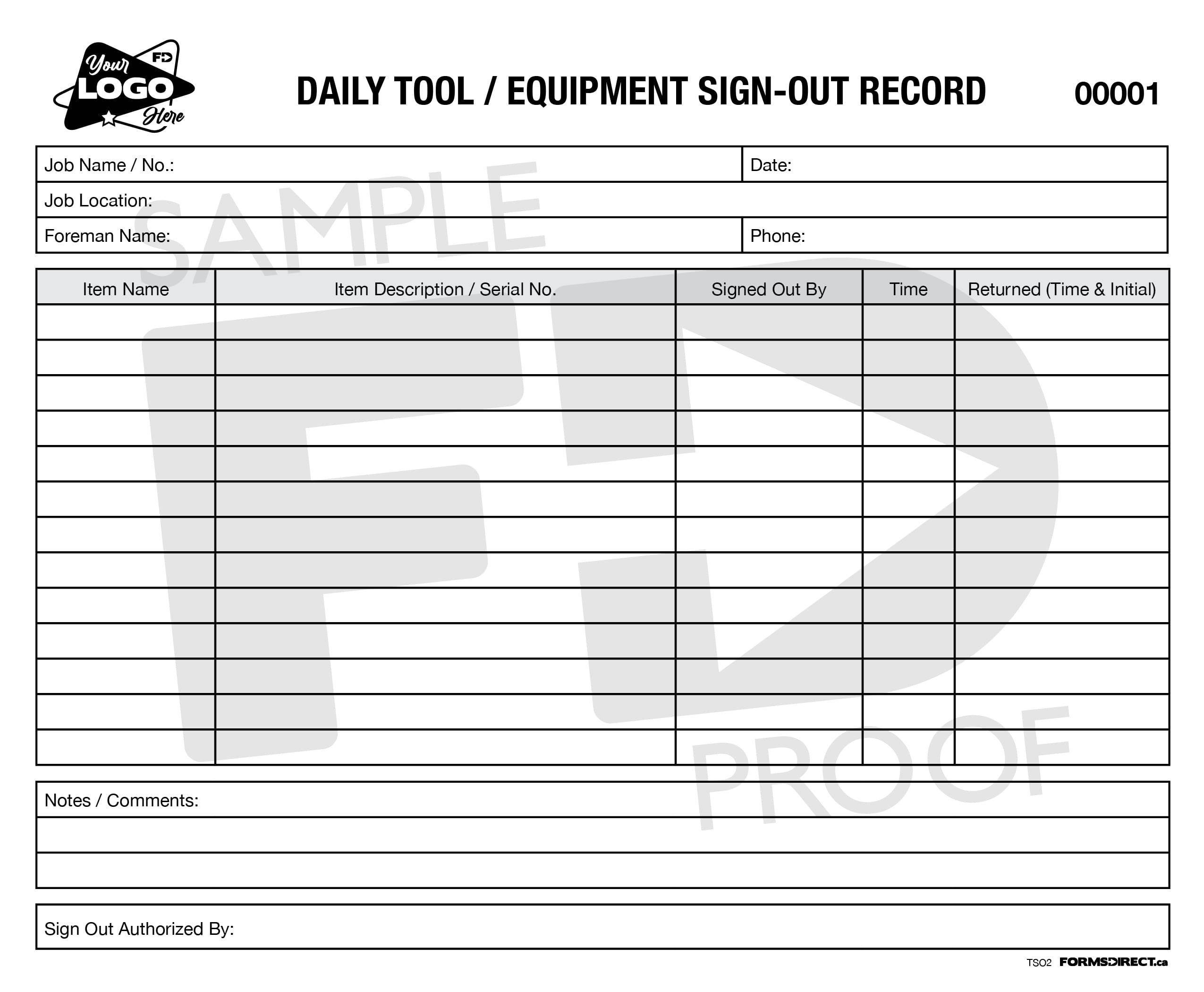 Daily Tool Equipment Sign Out Record TSO2 Template Forms Direct