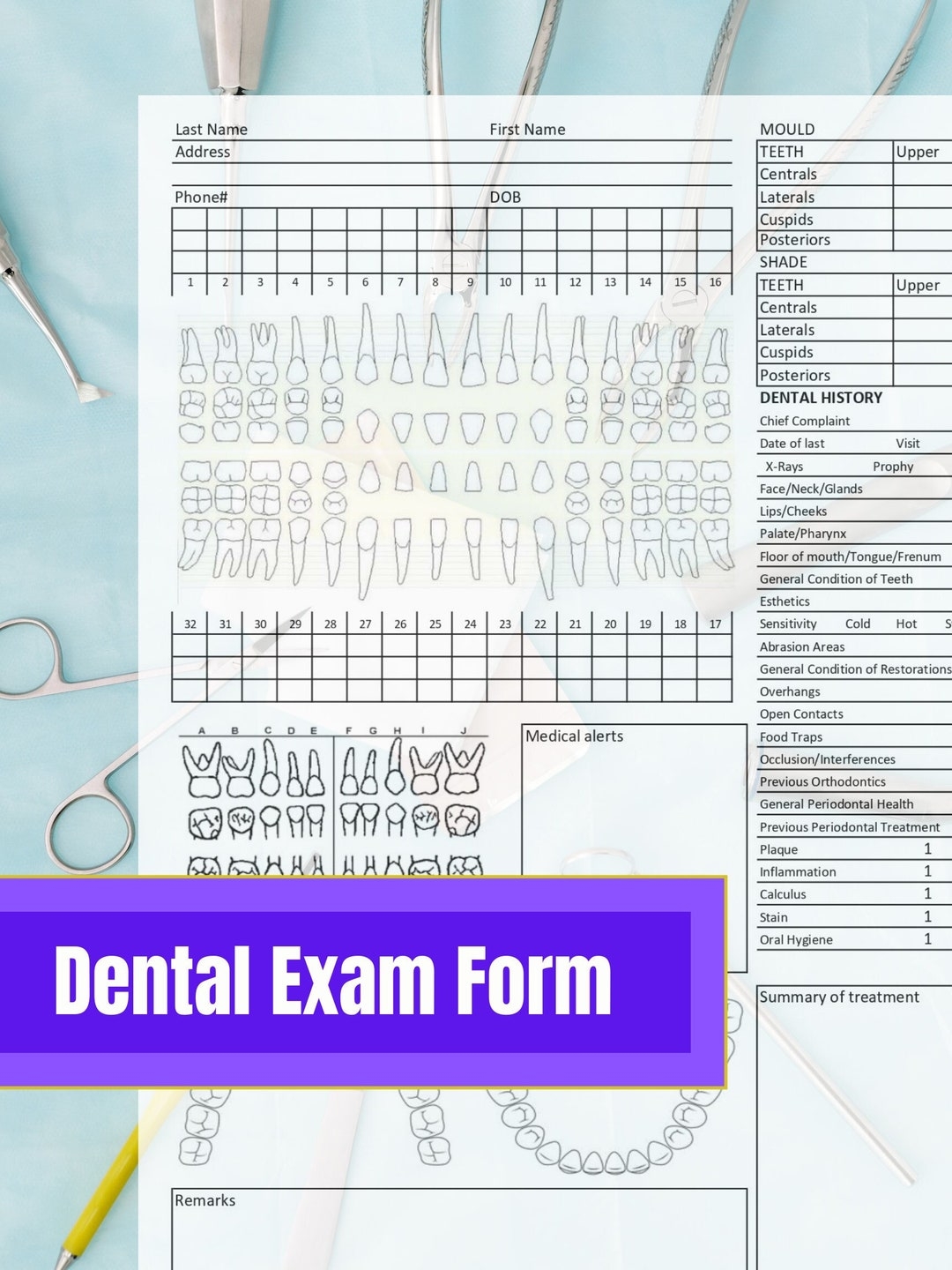Dental Exam Form Template Dental Record Editable Instant 