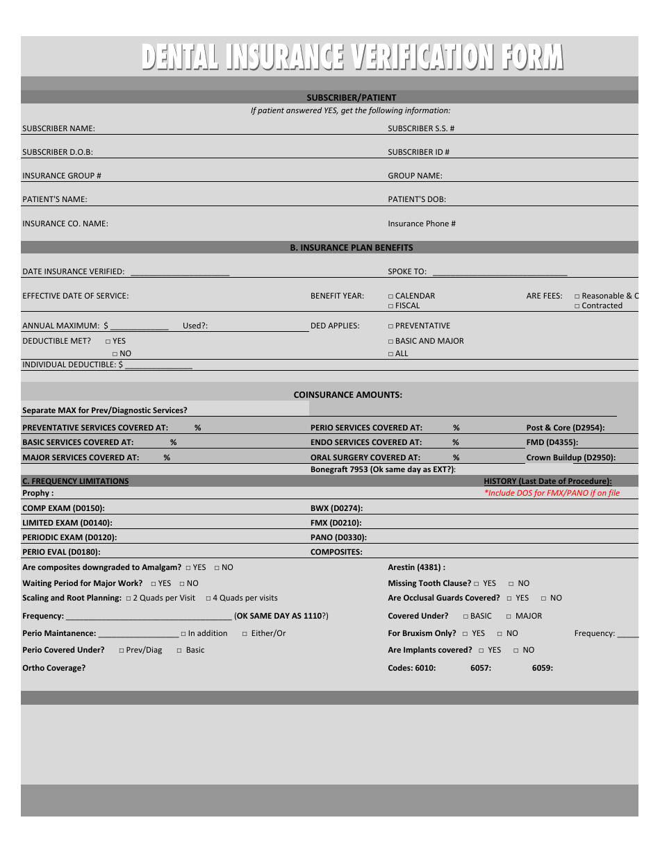 Insurance Verification Form Template
