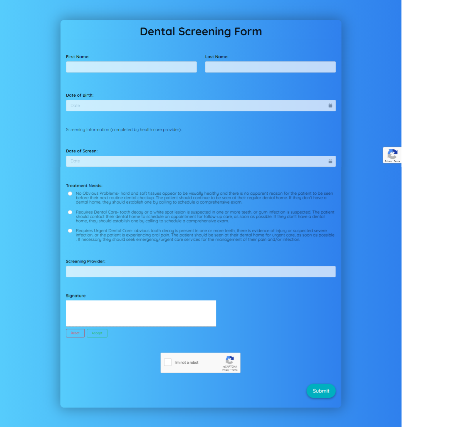 Dental Screening Form Template Formplus