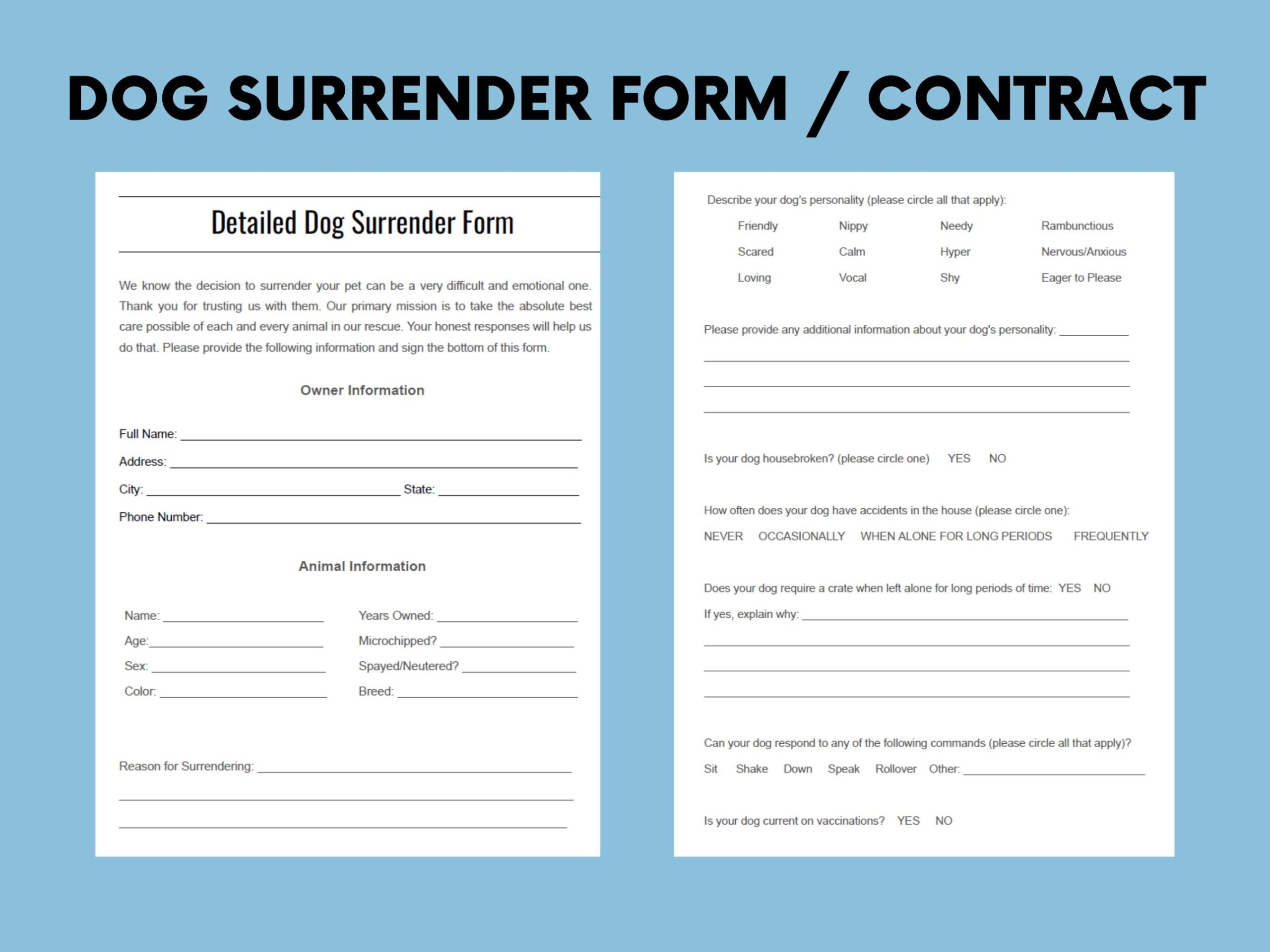 Detailed Dog Surrender Form For Shelters Rescues And Humane Societies