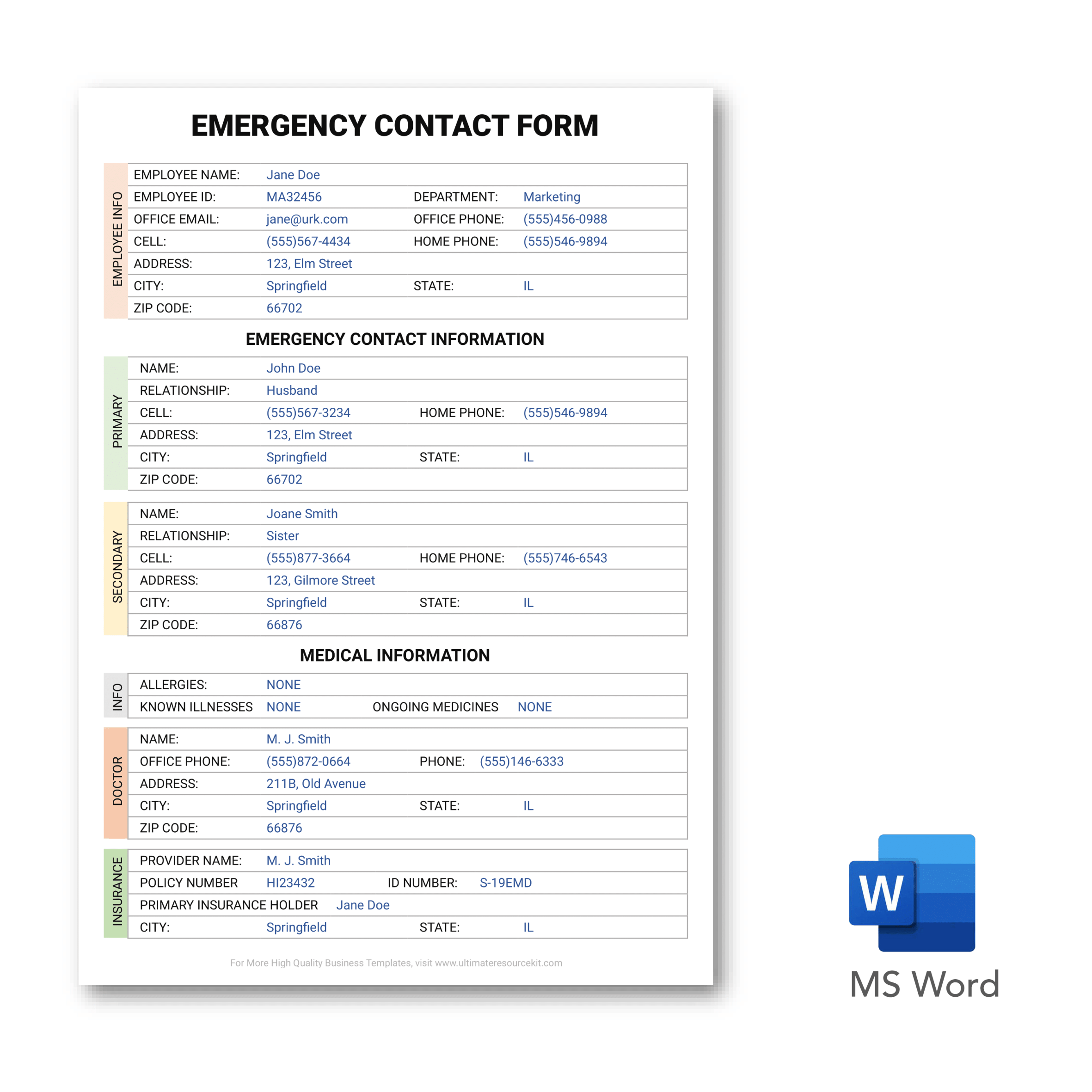 Emergency Contact Form Template