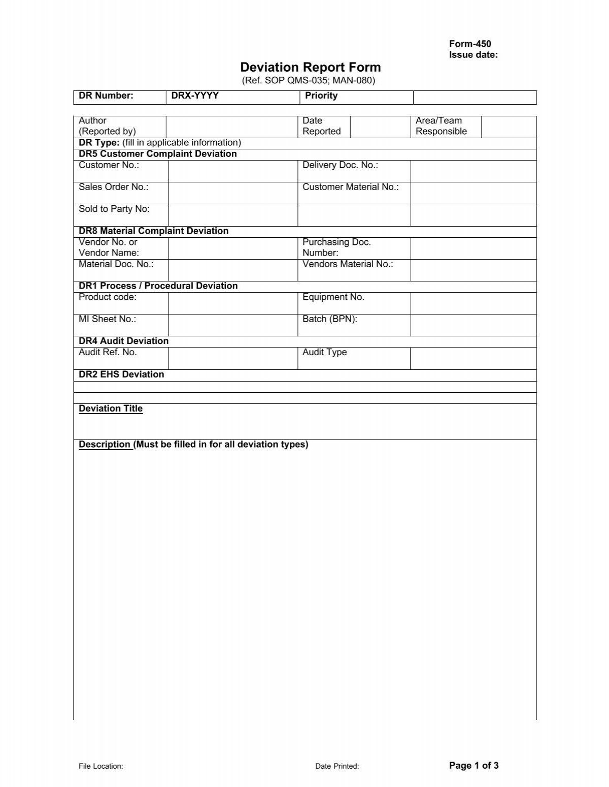 Deviation Report Form Pharmaceutical Quality Assurance And 