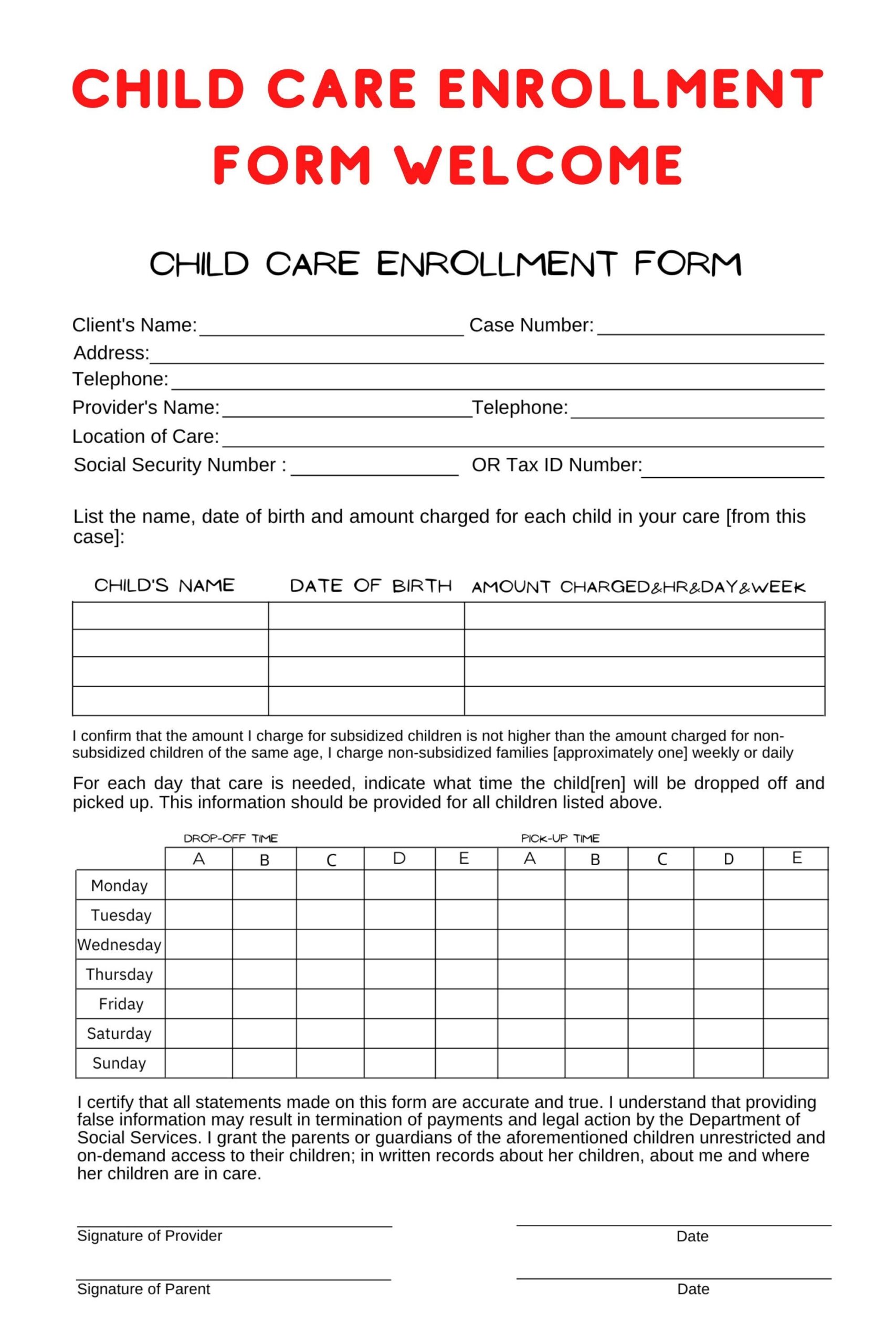 DIY Child Care Enrollment Form Editable Canva Template Personalized Day Care Group Family Day Care Family Day Care Day Camp