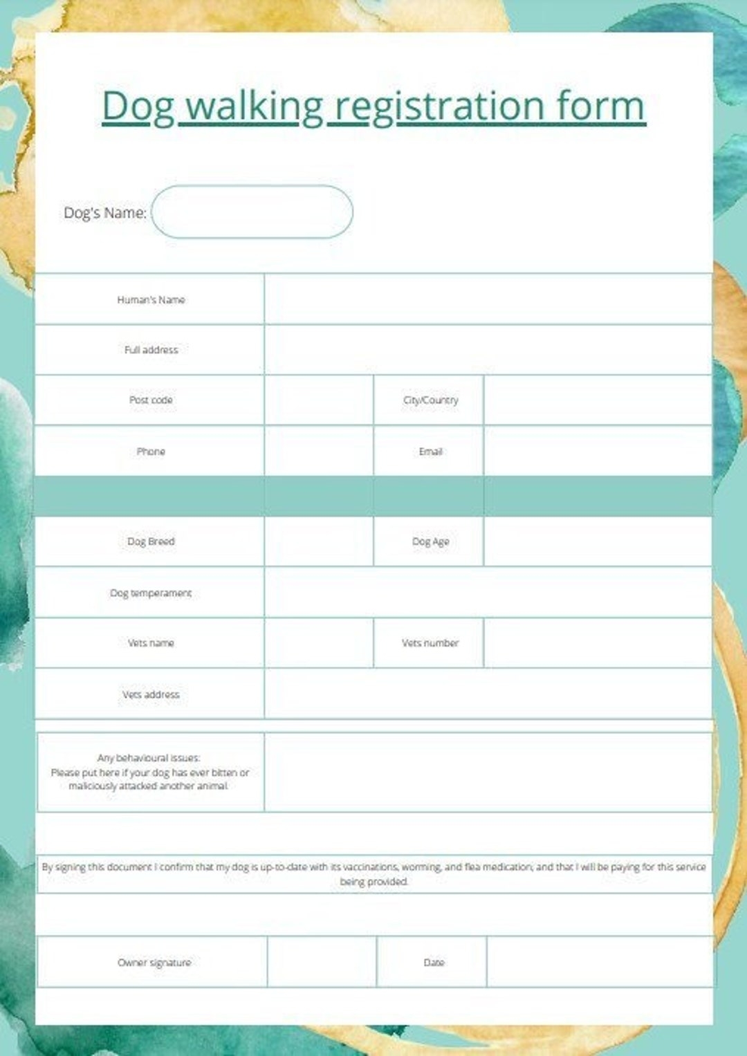 Dog Walking Registration Forms Template Dog Walking Form Fully Customisable Etsy