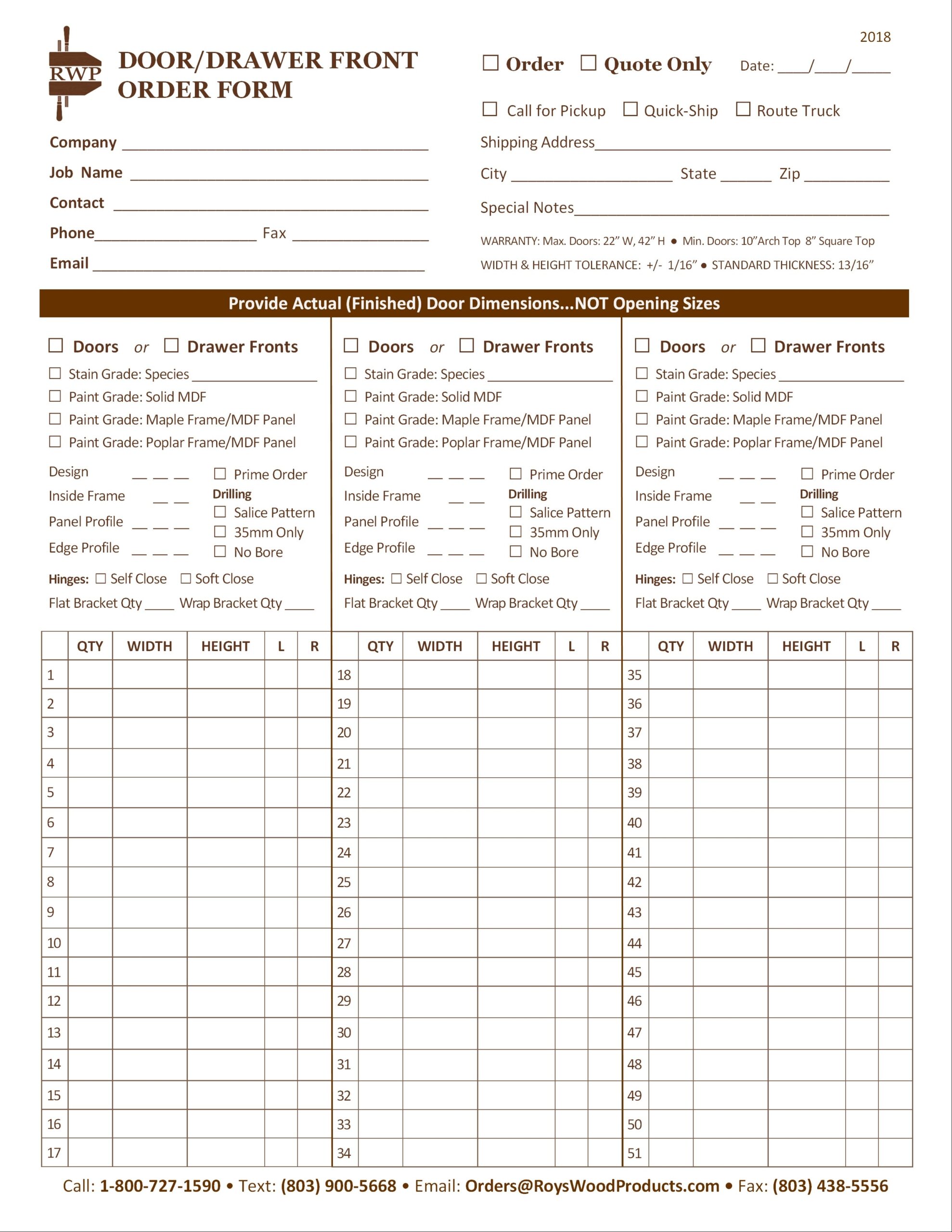 Door drawer Front Order Form Roy s Wood Products