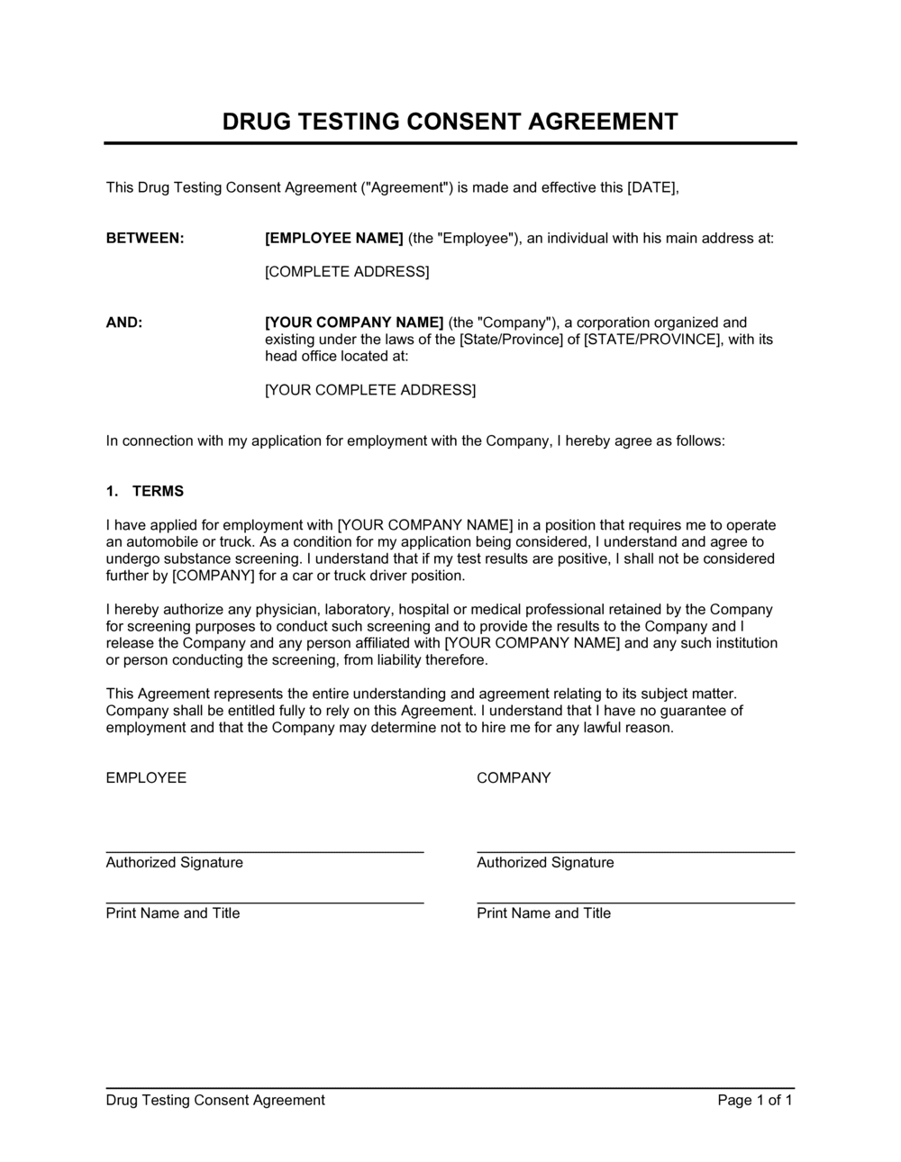 Drug Testing Consent Agreement Template