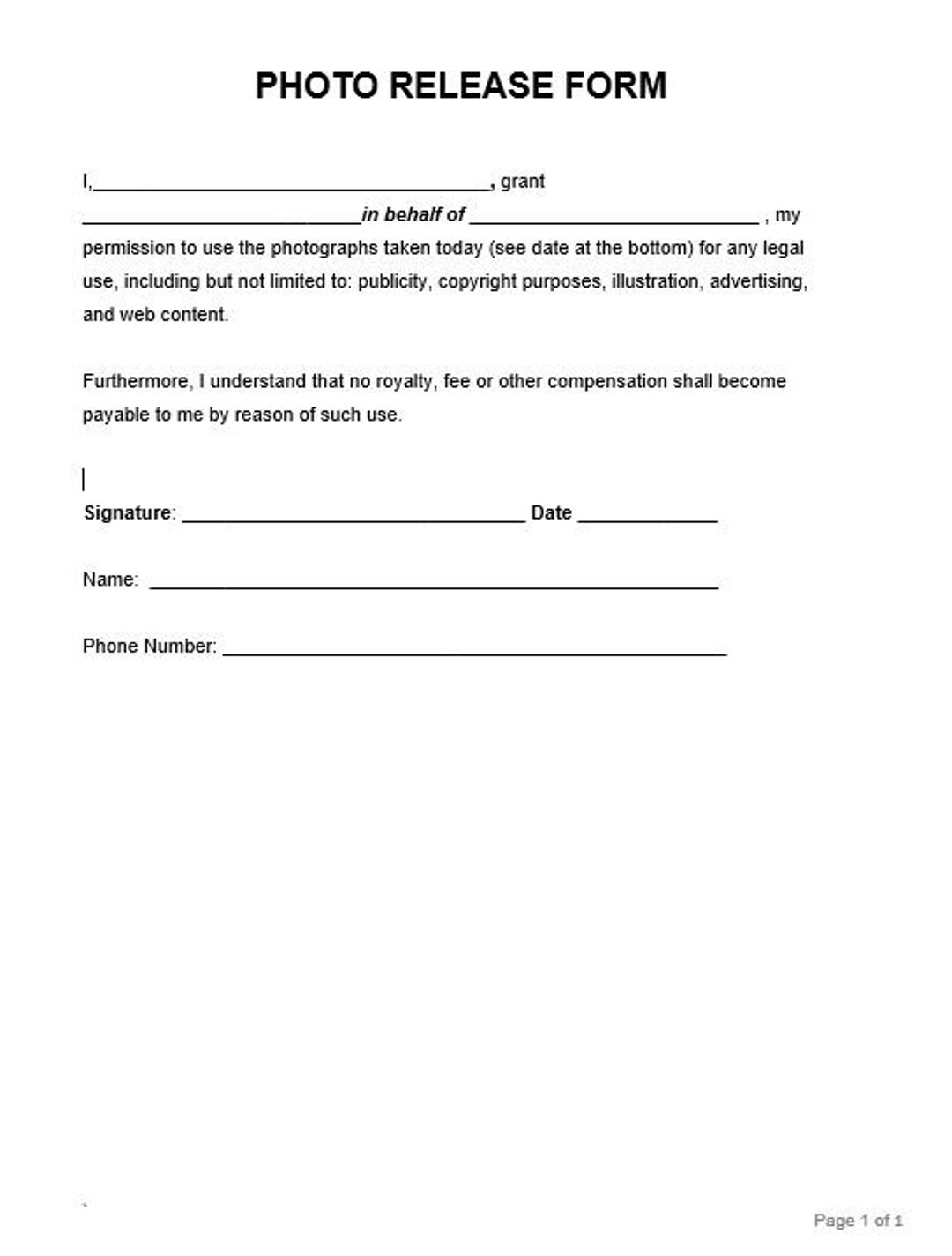 EASY Photo Release Form General Digital Print And Template Customize Word Release Form For Dummies Etsy