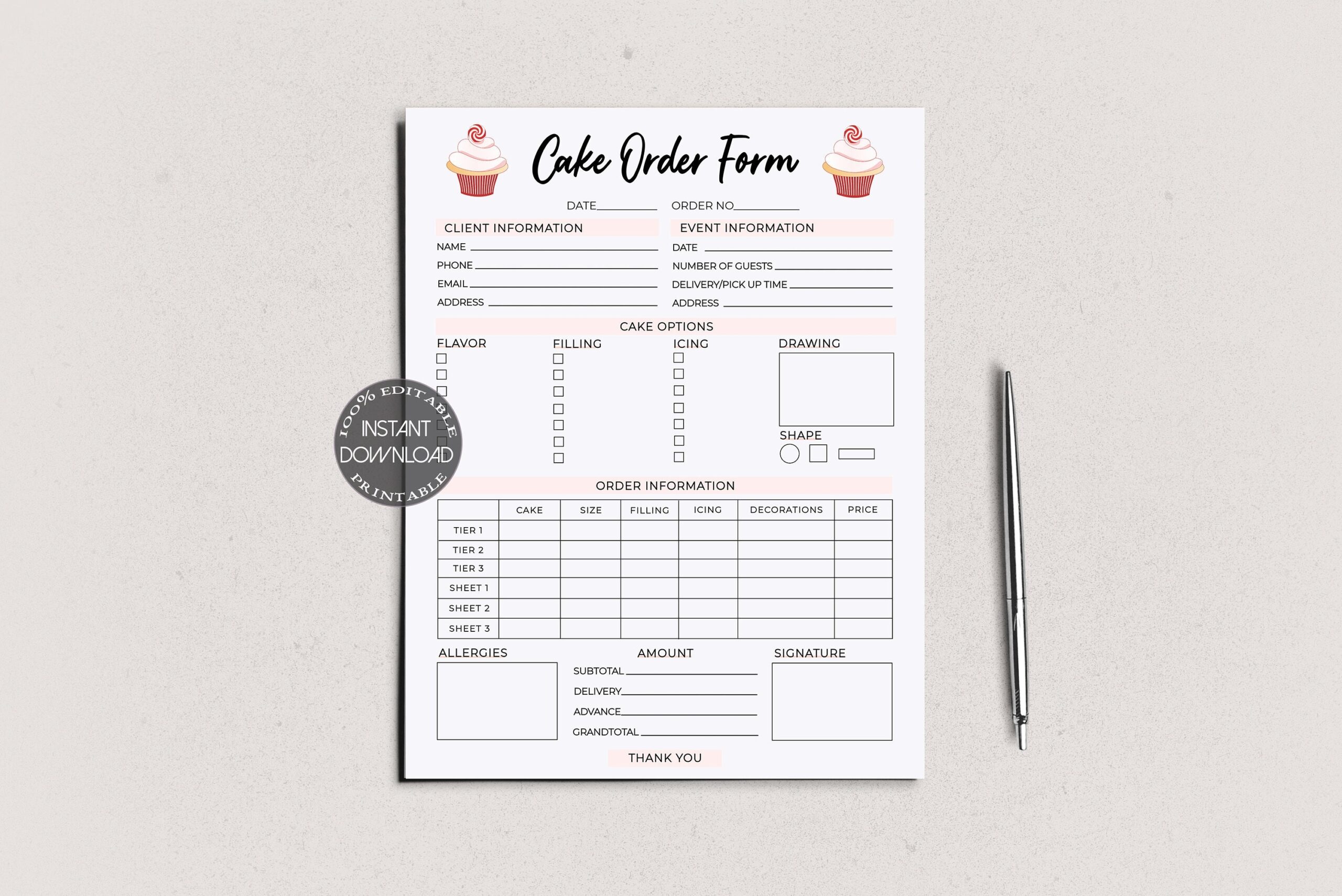 Editable Cake Order Form Template Bakery Order Form Receipt Craft Business Invoice Form Cupcake Order Forms Instant Download dtp 004 Etsy
