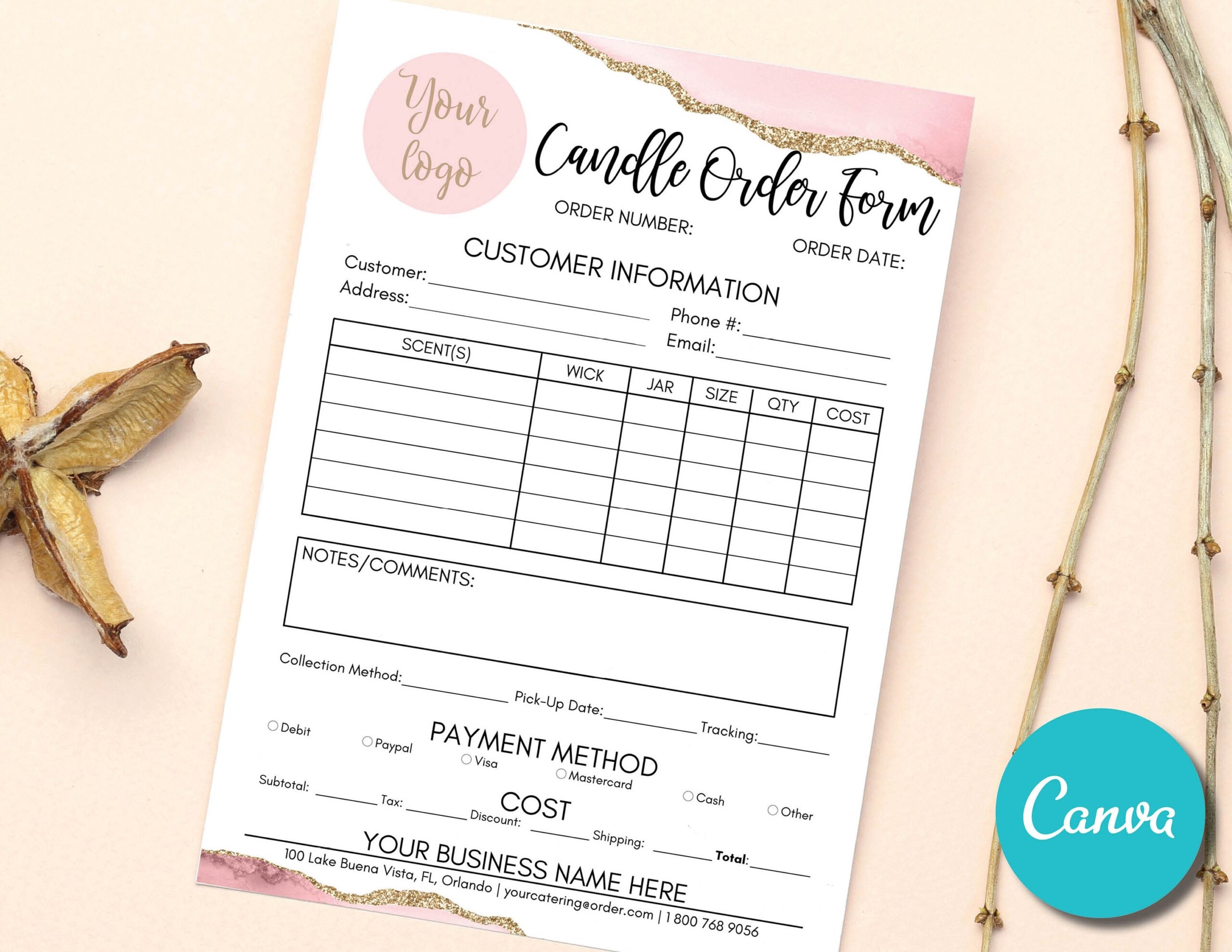 Editable Candle Custom Order Form Business Template DIY Candle 