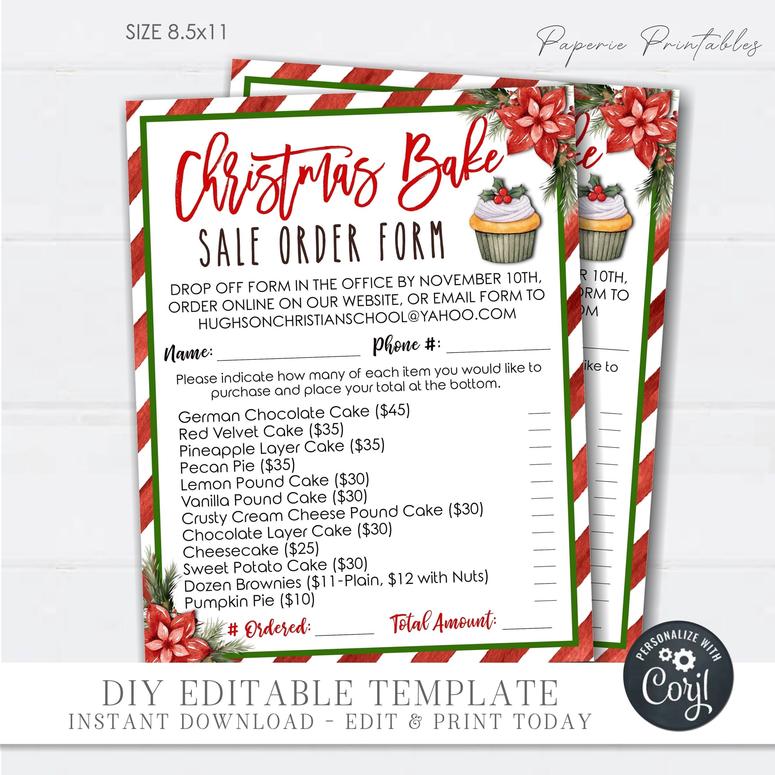 EDITABLE Christmas Bake Sale Order Form Christmas Pie Sale Order Form Template Fundraiser Order Form Printable DIY Corjl CF15 CF20 Etsy