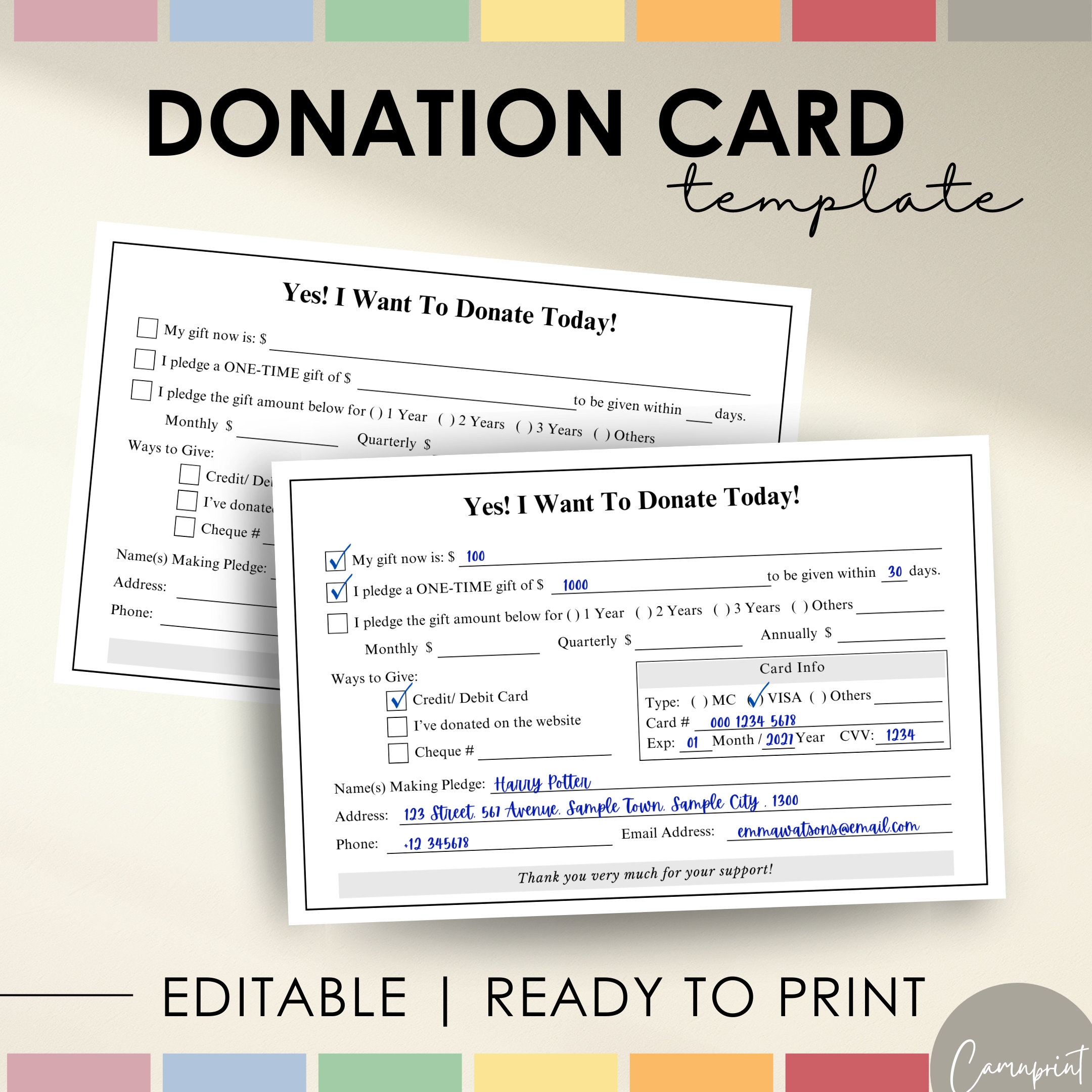 Editable Donation Card Printable Pledge Form Donation Form Donation Pledge Card For Nonprofit Fundraising Donation Cards Canva Template