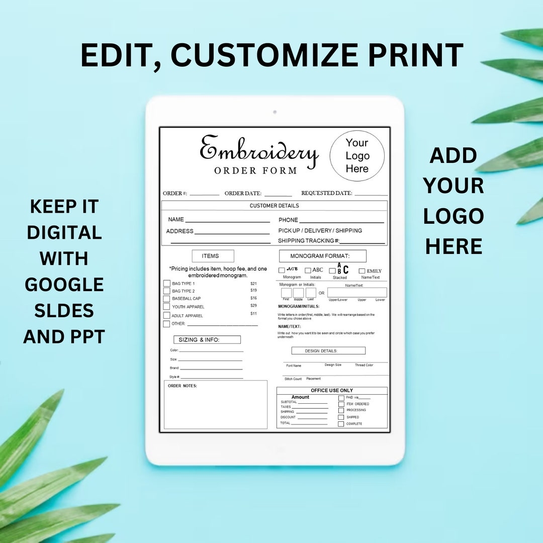 Editable Embroidery Order Form Template Custom Embroidery Form Order Ready Printable Editable Embroidery Work Order Instant Download Etsy