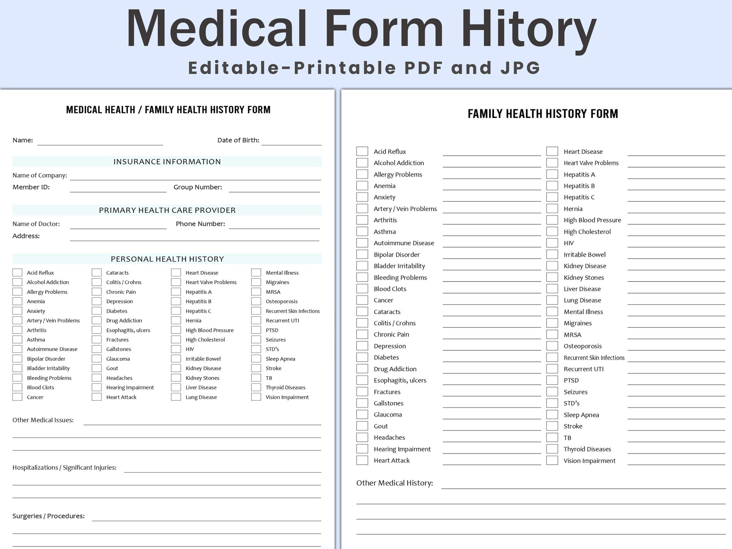 Editable Medical History Form Etsy