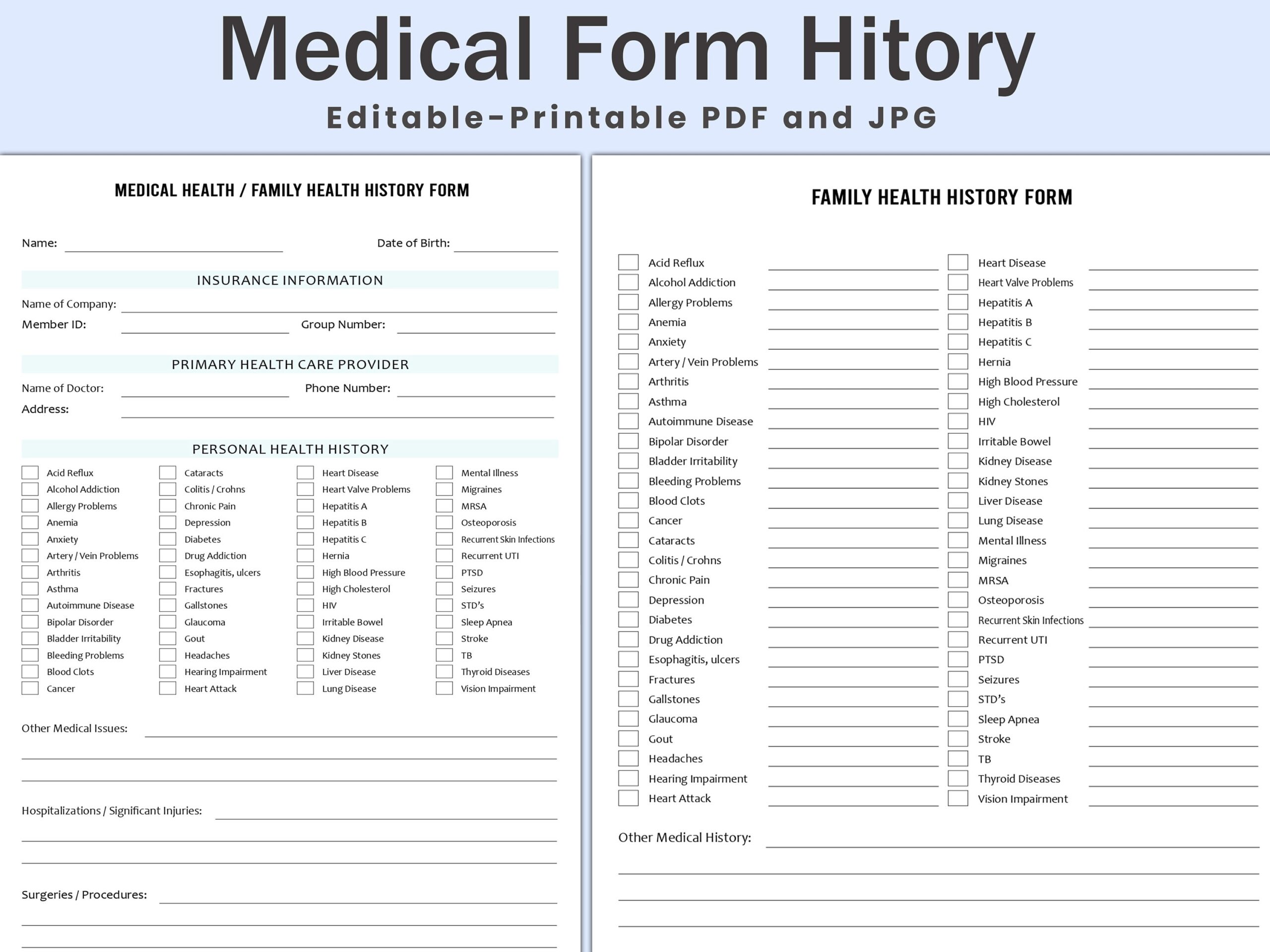 Editable Medical History Form Family Medical History Form Medical Record Personal Health History Medical Health Family Health History Etsy Ireland